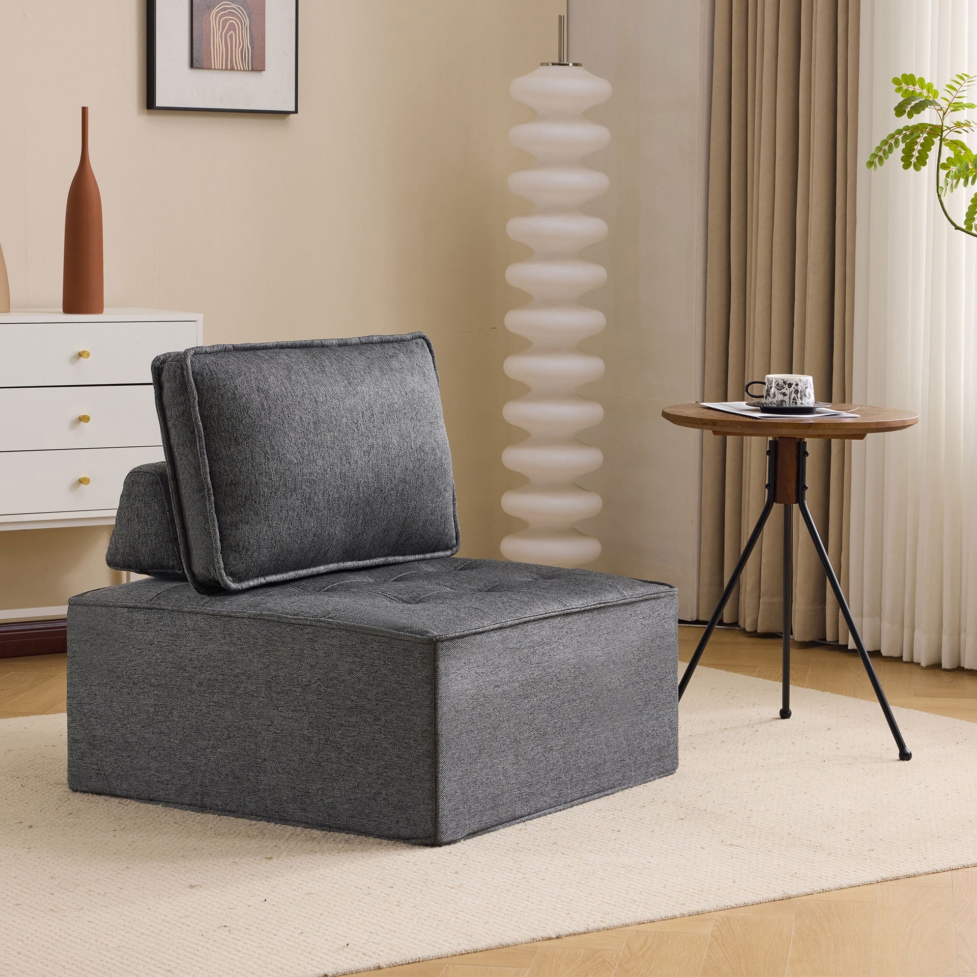 The dark gray linen wooden frame sofa can be freely spliced, meeting various needs such as in small apartment living rooms and adapting to various decoration styles."