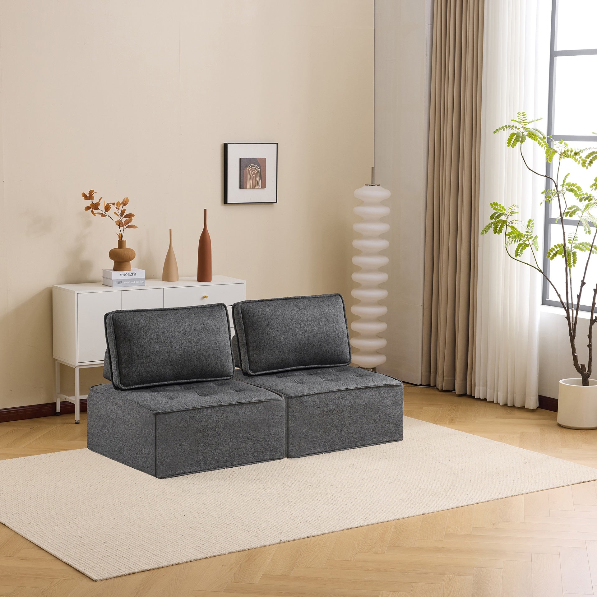 The dark gray linen wooden frame sofa can be freely spliced, meeting various needs such as in small apartment living rooms and adapting to various decoration styles."