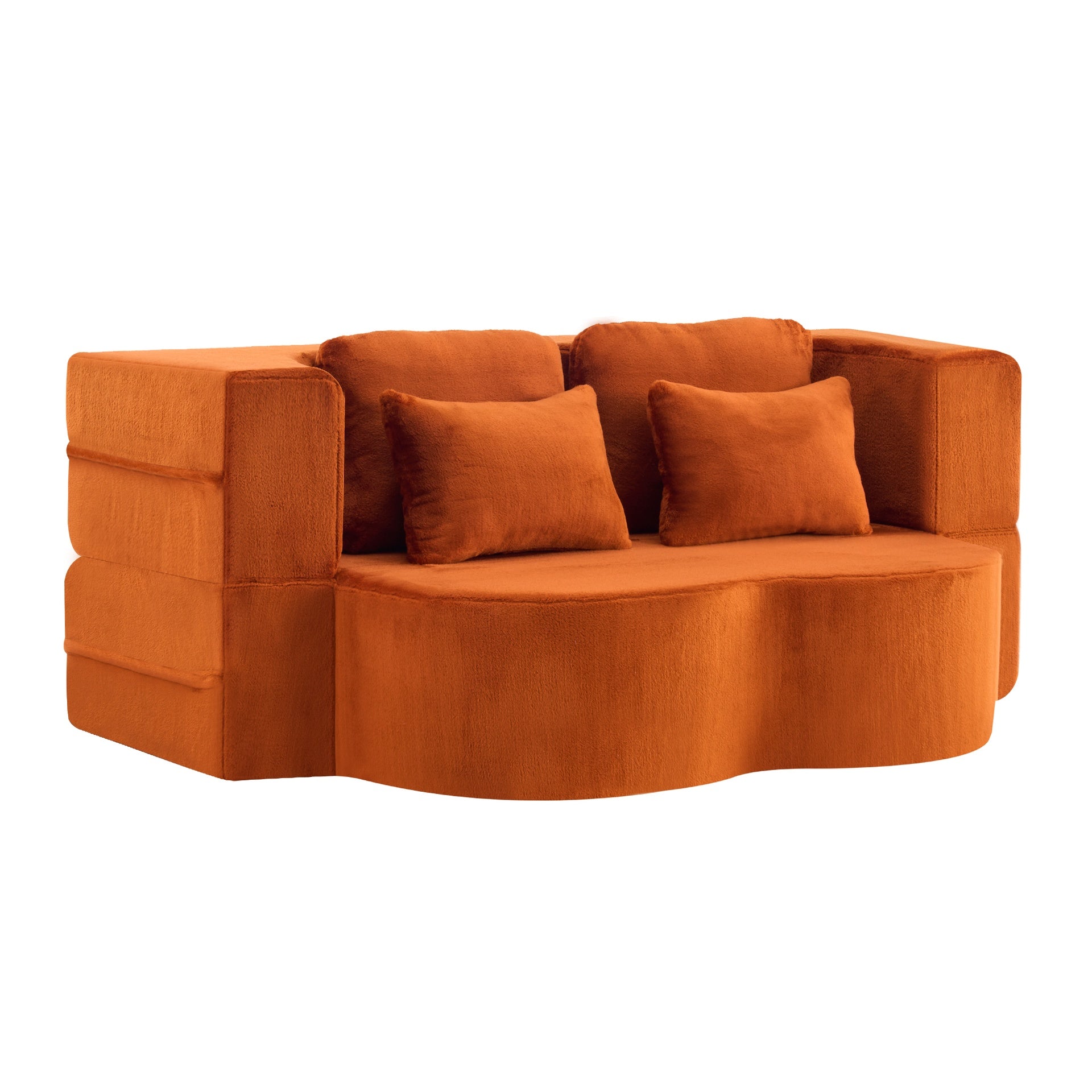 Large Modern Orange Floor Sofa with 4 Pillows, Plush Fabric Sofa, High Density Foam Folding Mattress for Living Room, Guest, Bedroom, No Assembly Required