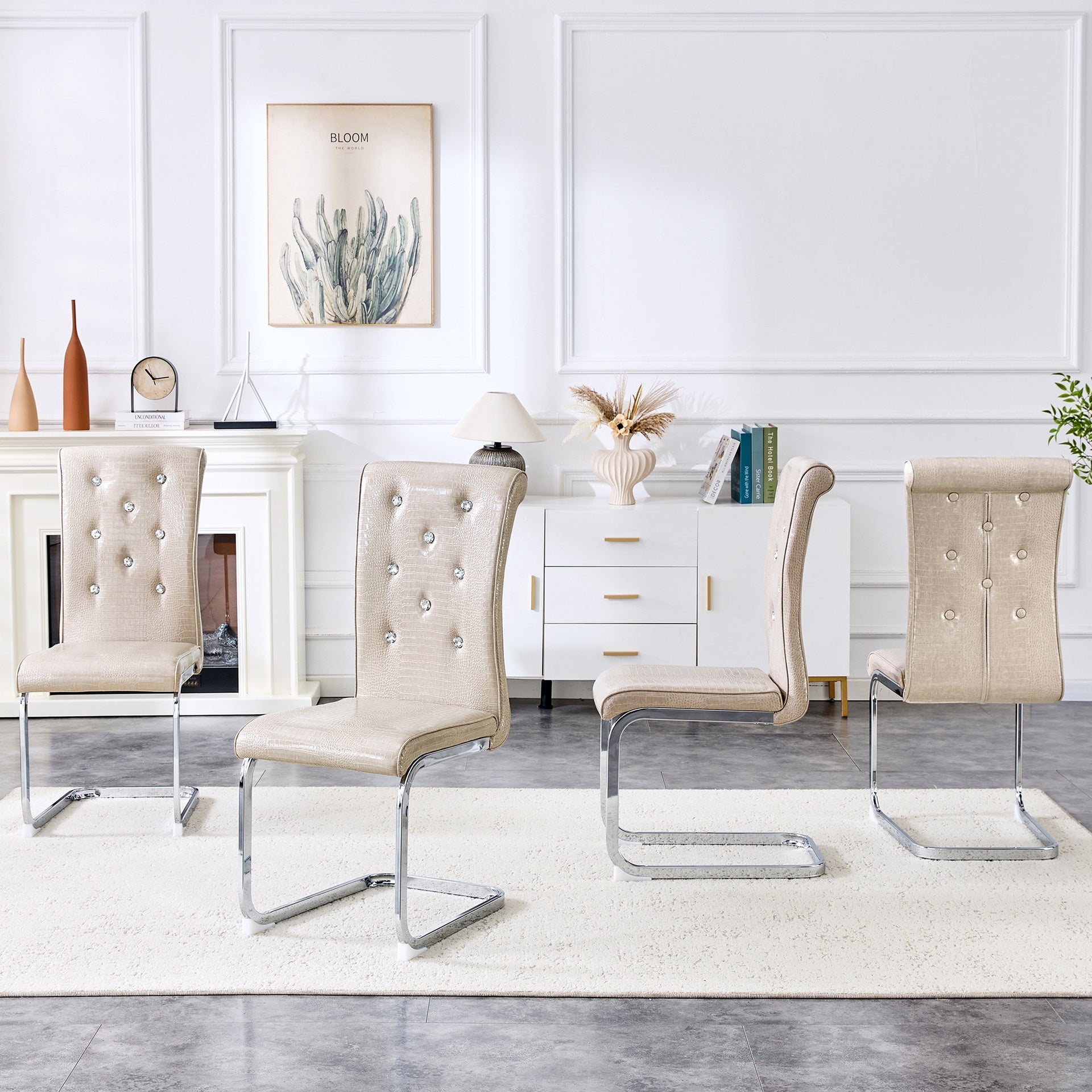 Set of 2,Retro alligator skin Upholstered dining chairs,with Crystal buckle design and Faux Leather design,a touch of elegance and mystery to the dining area,Electroplated metal bow leg
