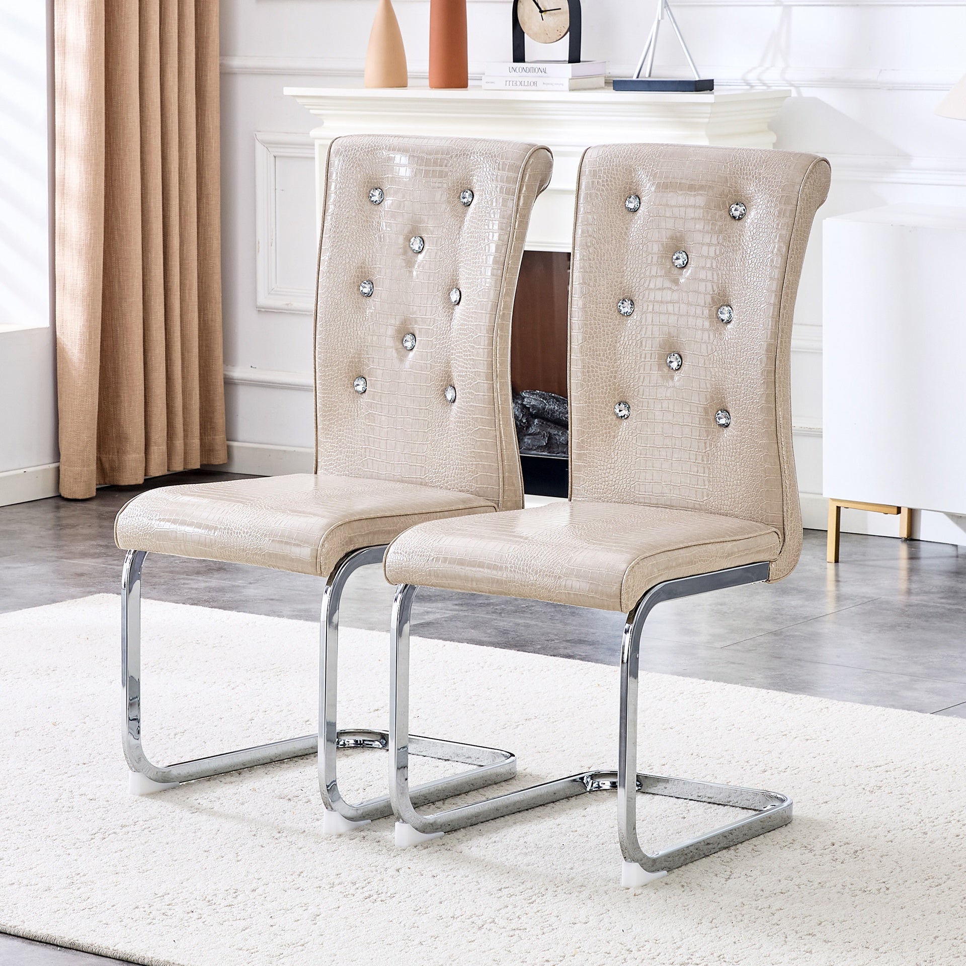 Set of 2,Retro alligator skin Upholstered dining chairs,with Crystal buckle design and Faux Leather design,a touch of elegance and mystery to the dining area,Electroplated metal bow leg
