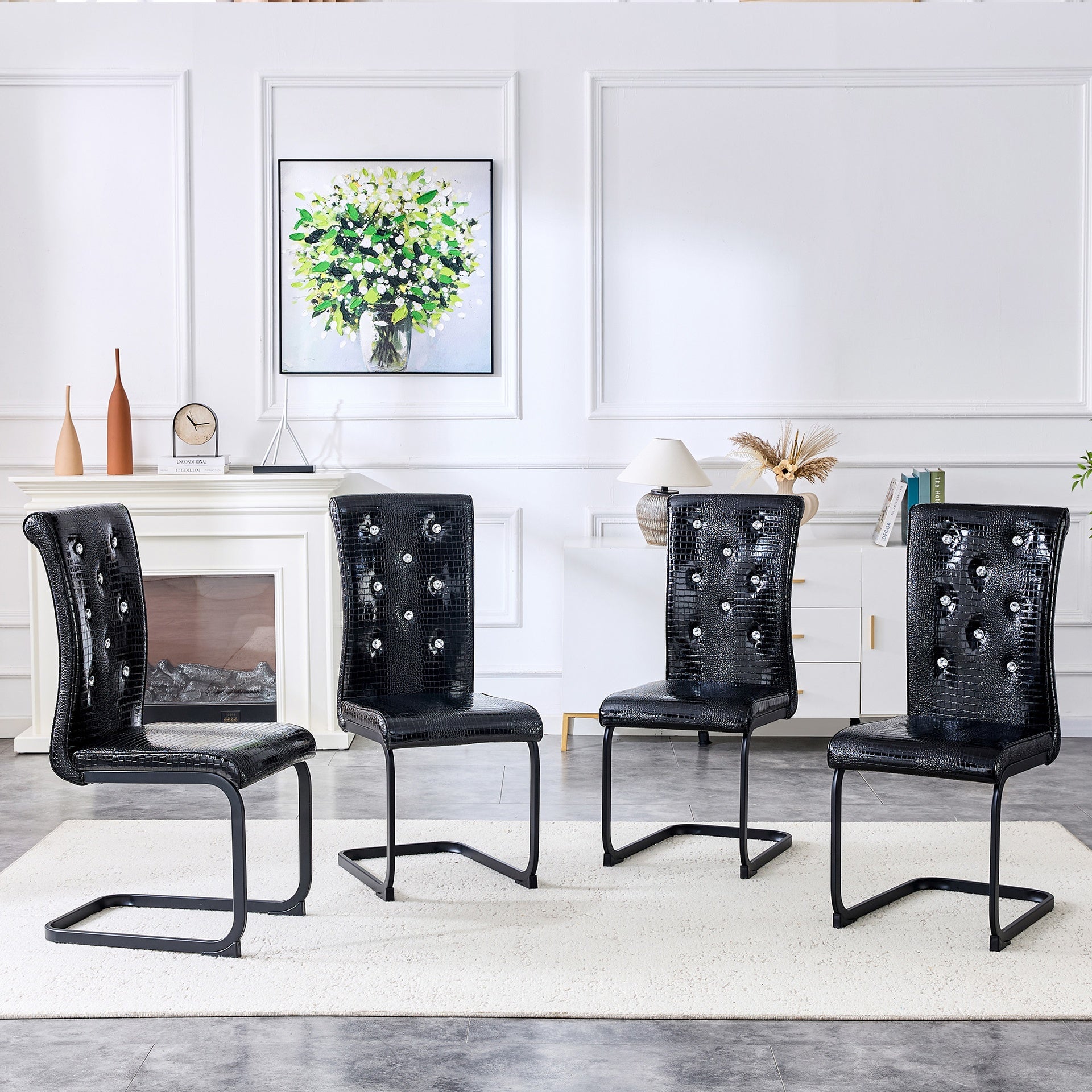Set of 4,Retro alligator skin Upholstered dining chairs,with Crystal buckle design and Faux Leather design,a touch of elegance and mystery to the dining area,Black spray-painted metal bow leg