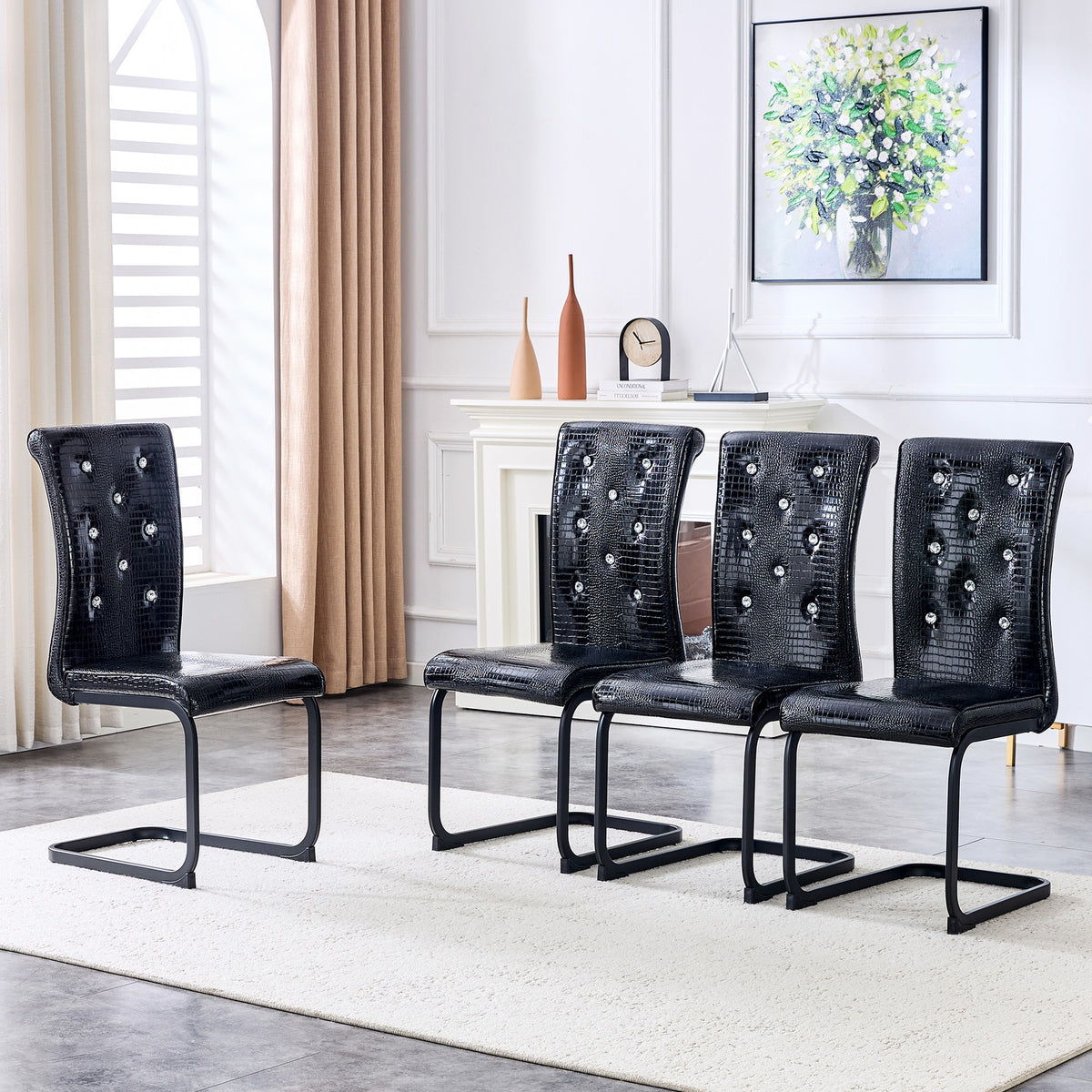 Set of 4,Retro alligator skin Upholstered dining chairs,with Crystal buckle design and Faux Leather design,a touch of elegance and mystery to the dining area,Black spray-painted metal bow leg