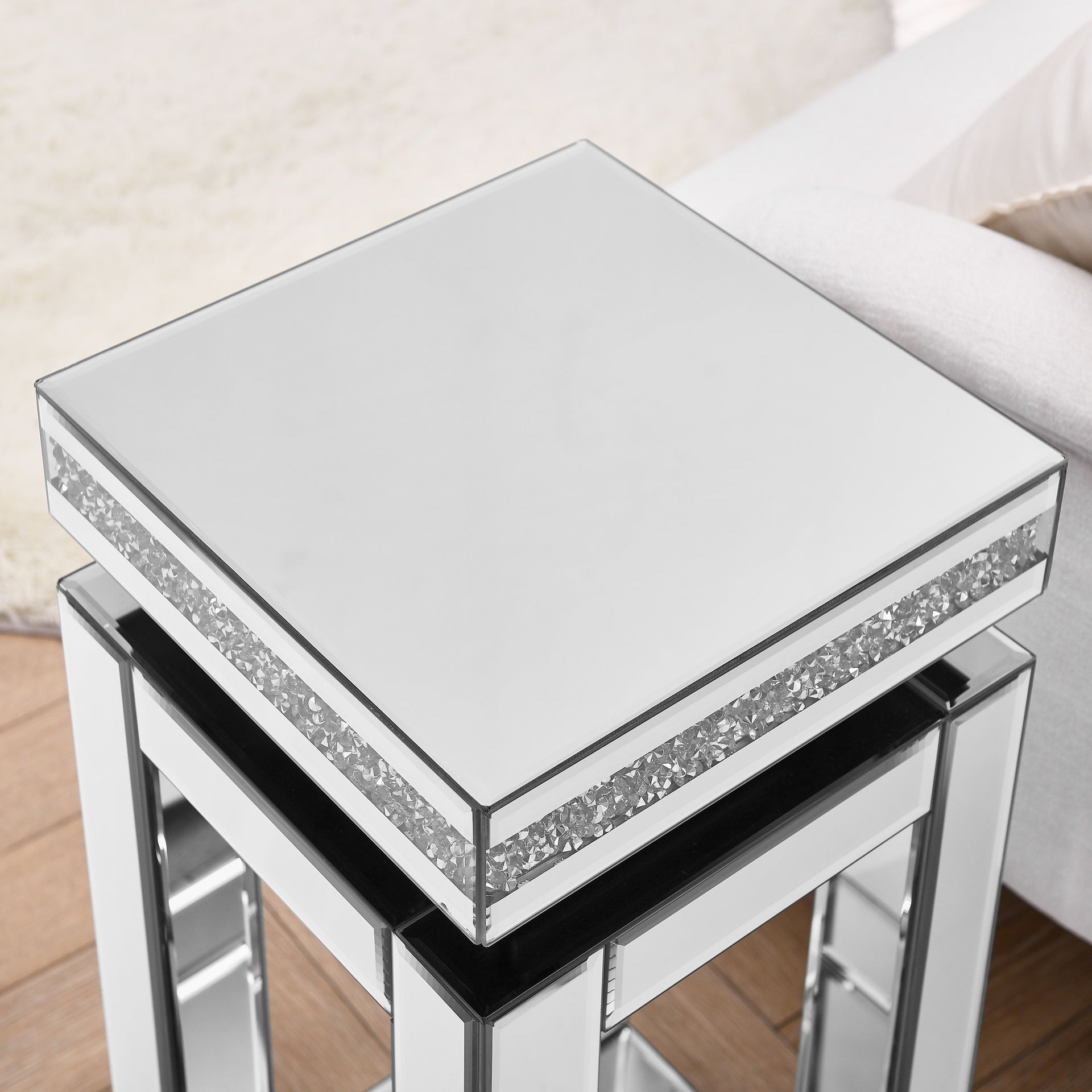 Mirrored End Table Square with Crystals Inlay, 2-Tier Modern Small Sofa Table with Storage, Silver Accent Table for Living Room, Bedroom, Coffee, and Small Spaces 11.8"D x 11.8"W x 26"H