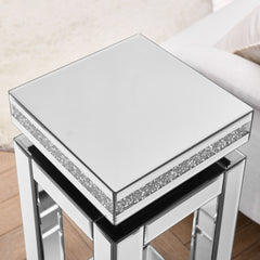 Mirrored End Table Square with Crystals Inlay, 2-Tier Modern Small Sofa Table with Storage, Silver Accent Table for Living Room, Bedroom, Coffee, and Small Spaces 11.8"D x 11.8"W x 26"H