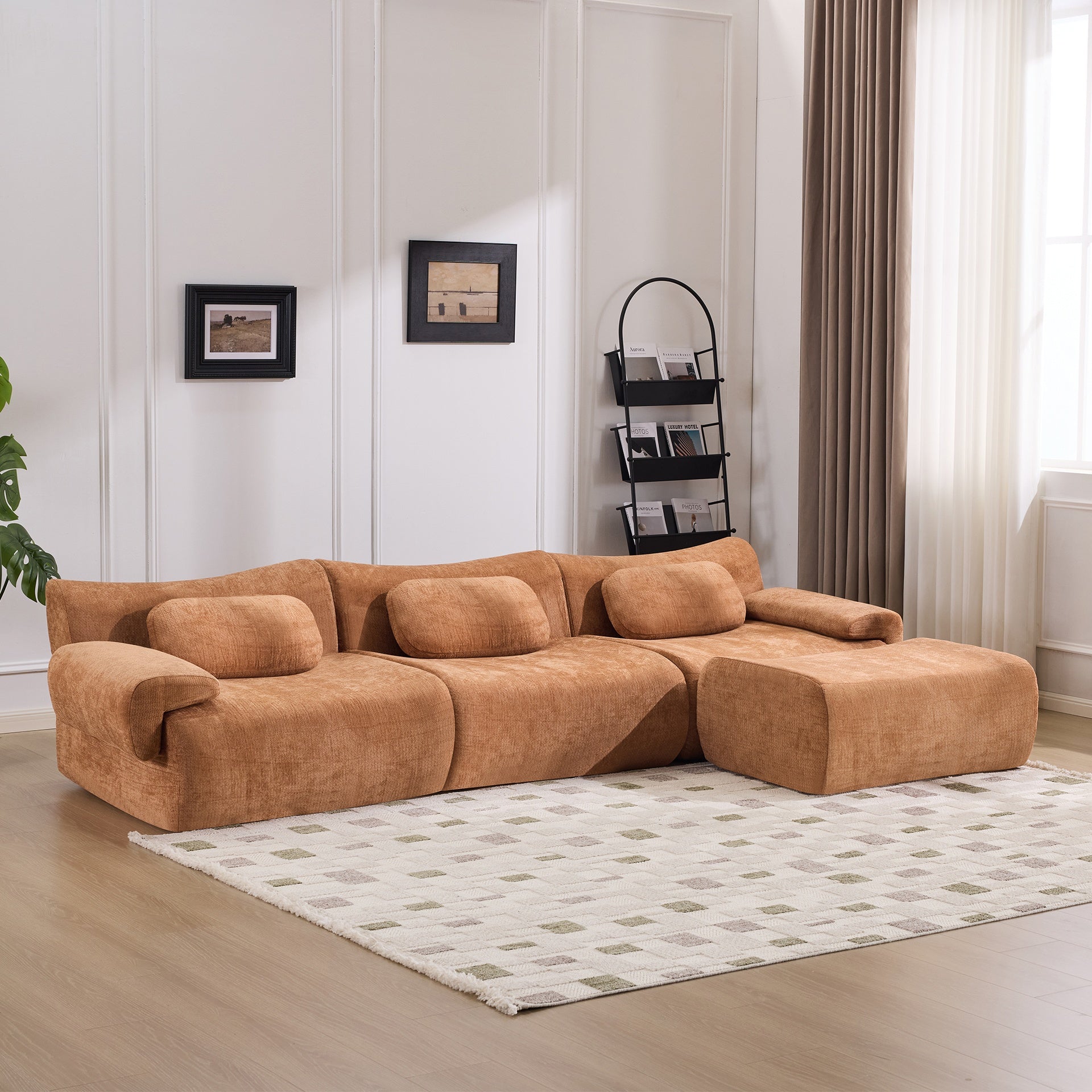 Modular Combination, Bamboo Joint Shape, Armchair, Extra-Large Compression & 3+1 Seater Chenille Deep-Seat (with 3 Pillows) All Fit Living Room/Bedroom