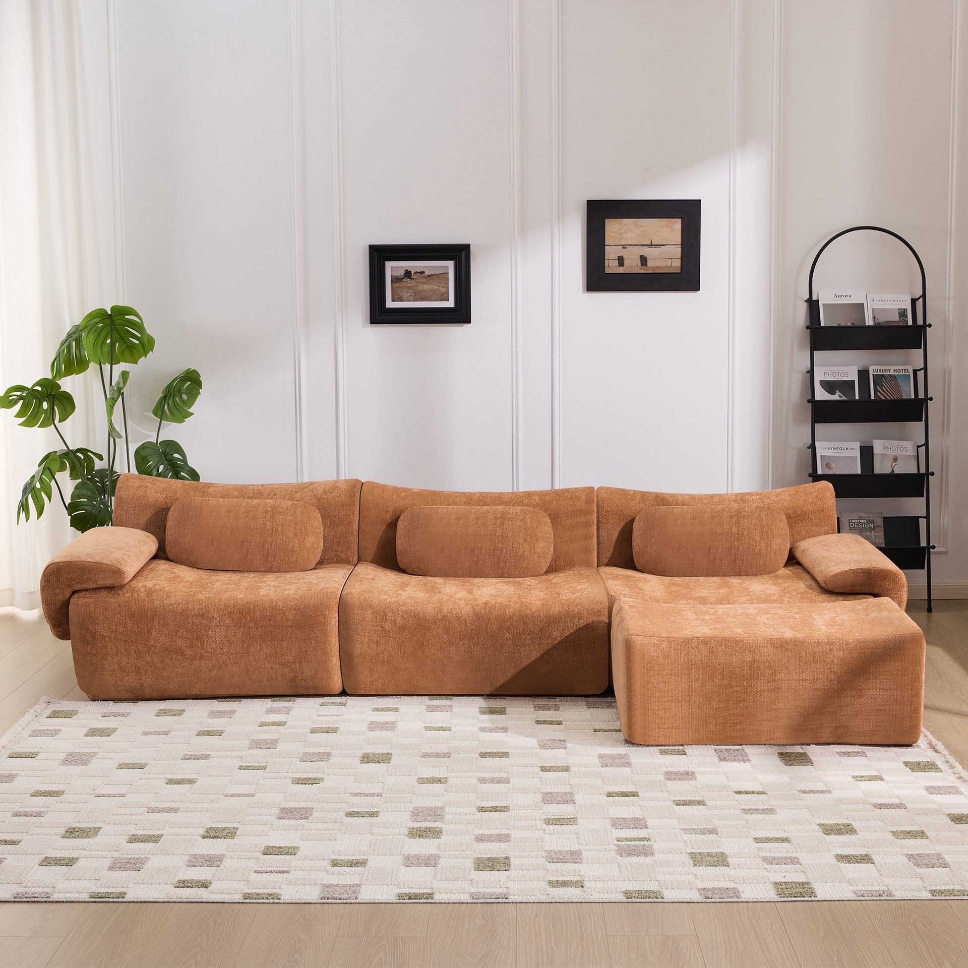 Modular Combination, Bamboo Joint Shape, Armchair, Extra-Large Compression & 3+1 Seater Chenille Deep-Seat (with 3 Pillows) All Fit Living Room/Bedroom