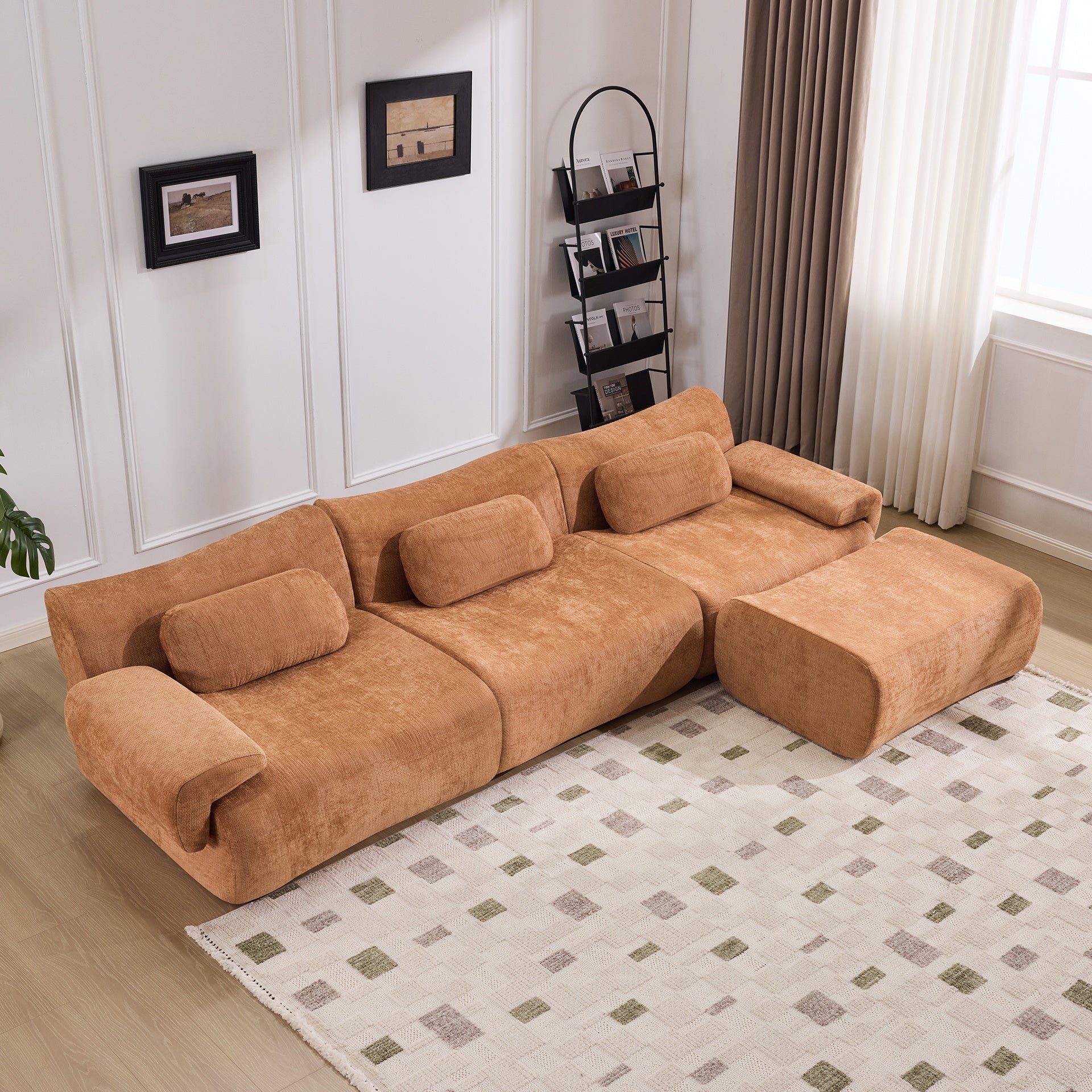 Modular Combination, Bamboo Joint Shape, Armchair, Extra-Large Compression & 3+1 Seater Chenille Deep-Seat (with 3 Pillows) All Fit Living Room/Bedroom