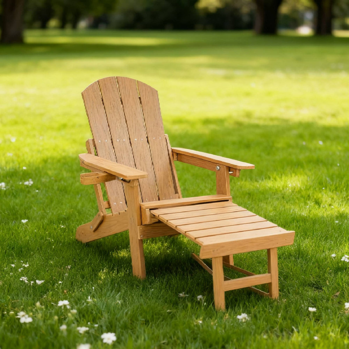 Lounge chair teak wood color, suitable for all seasons: Outdoor lounge chair, made of sturdy HIPS material, equipped with 304 stainless steel accessories.