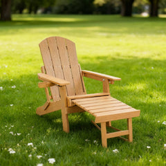 Lounge chair teak wood color, suitable for all seasons: Outdoor lounge chair, made of sturdy HIPS material, equipped with 304 stainless steel accessories.