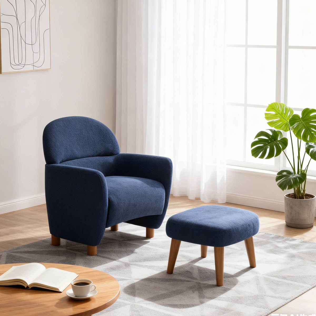 Modern Lazy Chair with Footrest Ottoman - Upholstered Leisure Sofa Chair, Reading Corner Chair for Small Space