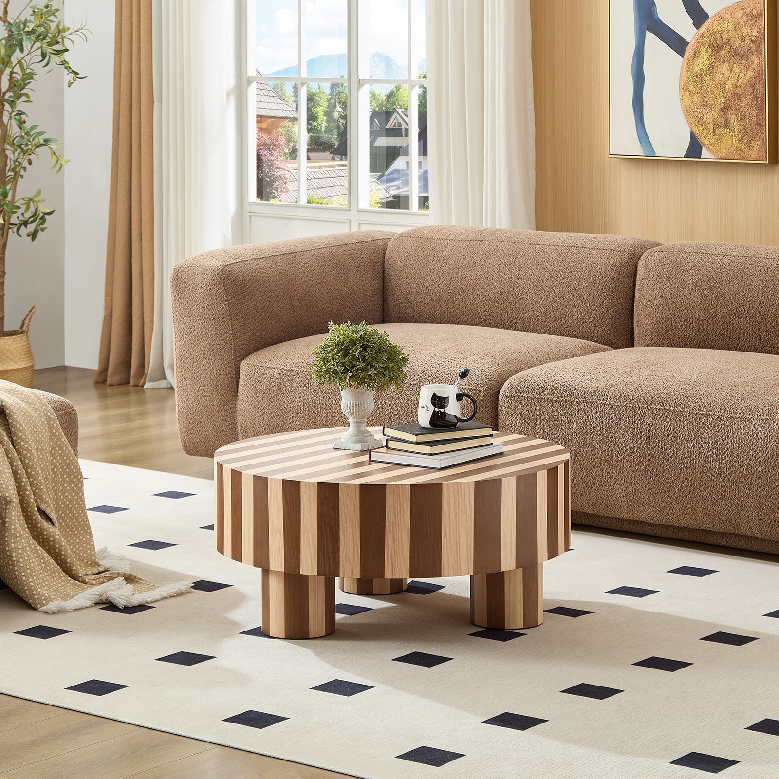 Round Wood Coffee Table, Natural Finish For Living Room