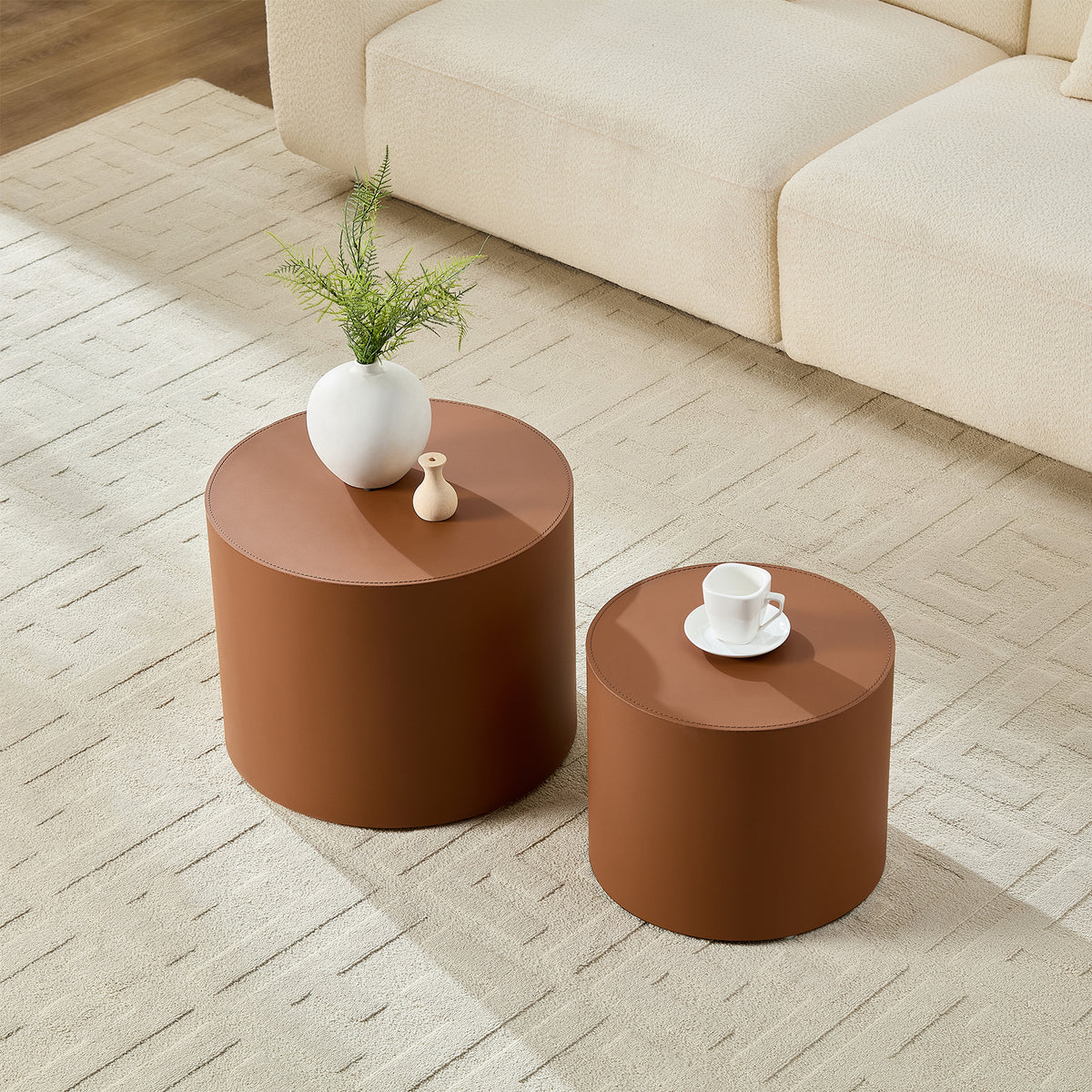 Modern Brown MDF Saddle Leather Table – Compact Sizes, Great for Living Room Decor & Daily Use