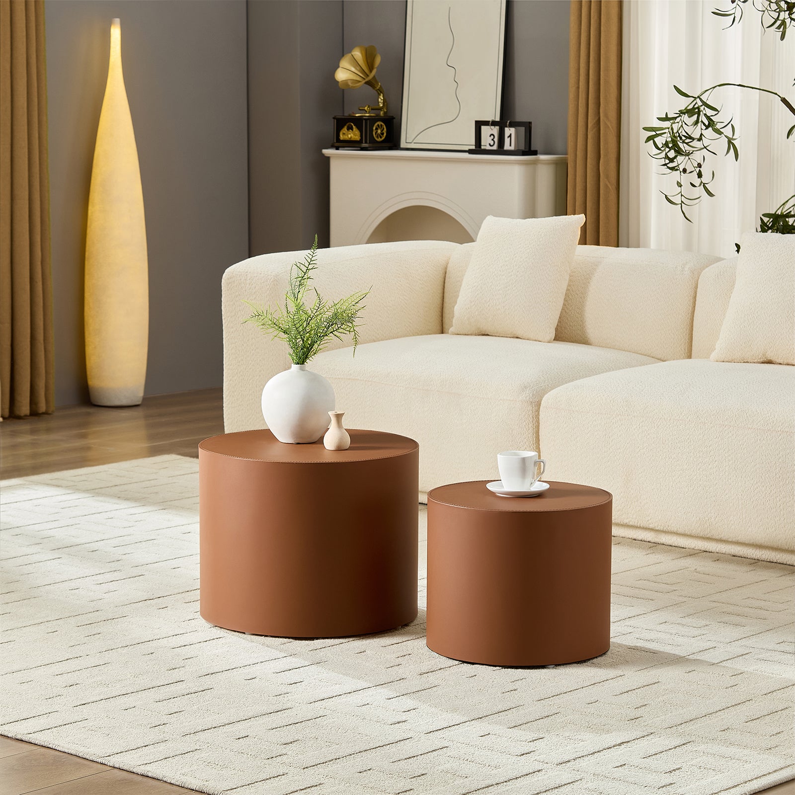 Modern Brown MDF Saddle Leather Table – Compact Sizes, Great for Living Room Decor & Daily Use