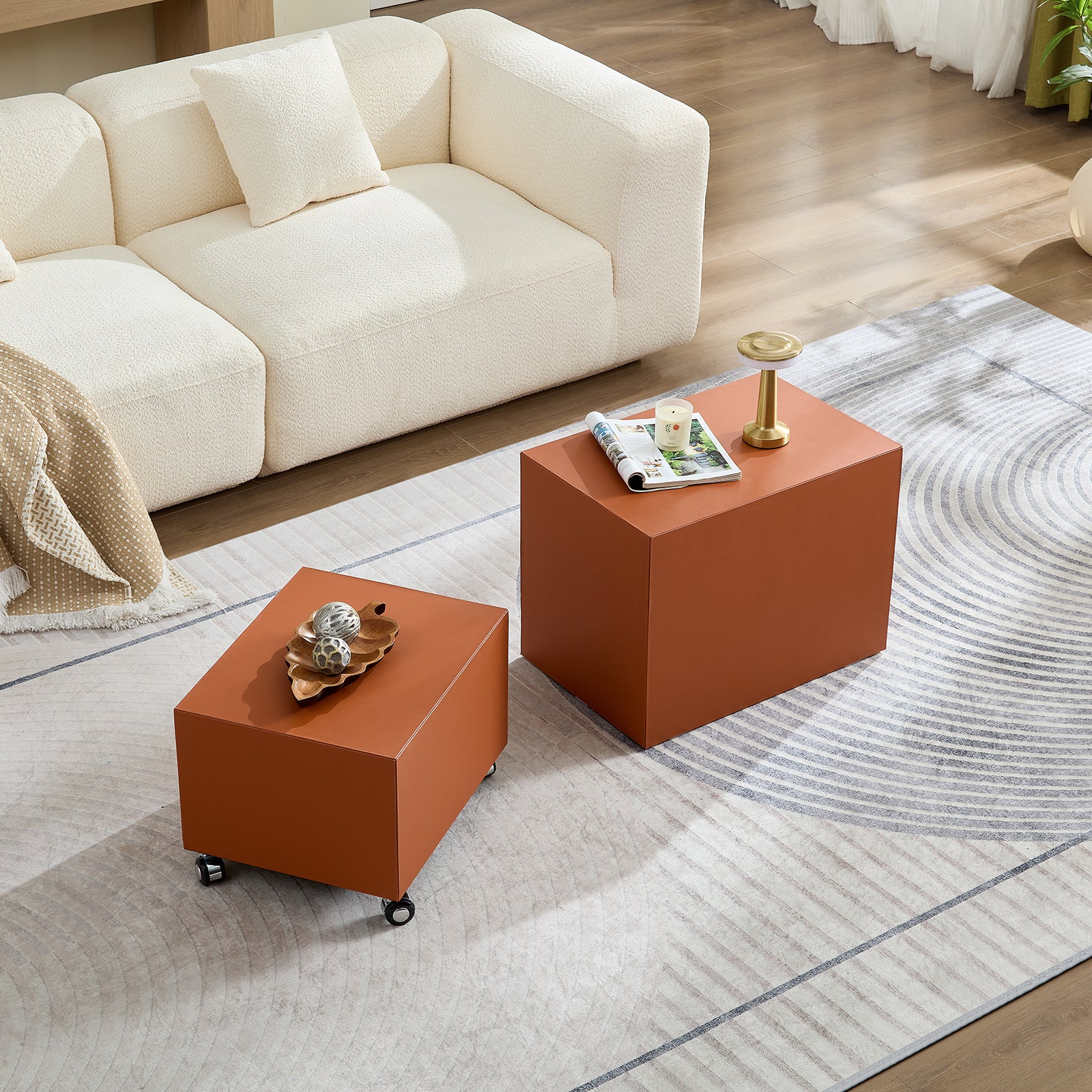 Modern Orange MDF Saddle Leather Table – Two Compact Sizes, Perfect for Living Room Decor & Daily Use