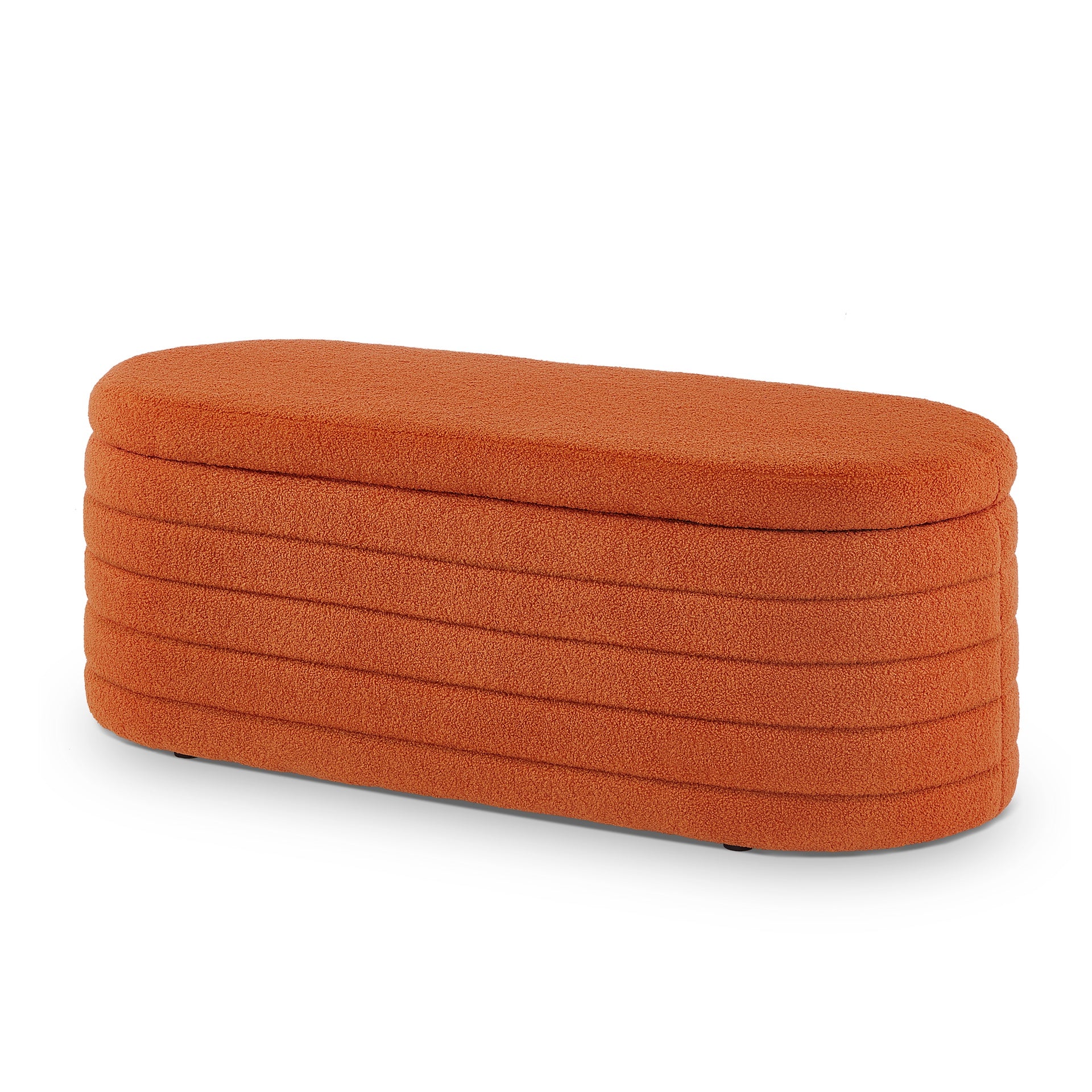 Modern Oval Storage Ottoman Bench, Upholstered Boucle Teddy Fabric End of Bed Bench with Storage, End of Bed Stool with Safety Hinge for Bedroom, Living Room, Entryway, Orange