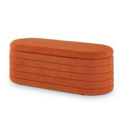 Modern Oval Storage Ottoman Bench, Upholstered Boucle Teddy Fabric End of Bed Bench with Storage, End of Bed Stool with Safety Hinge for Bedroom, Living Room, Entryway, Orange