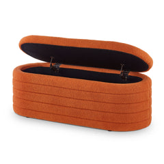 Modern Oval Storage Ottoman Bench, Upholstered Boucle Teddy Fabric End of Bed Bench with Storage, End of Bed Stool with Safety Hinge for Bedroom, Living Room, Entryway, Orange