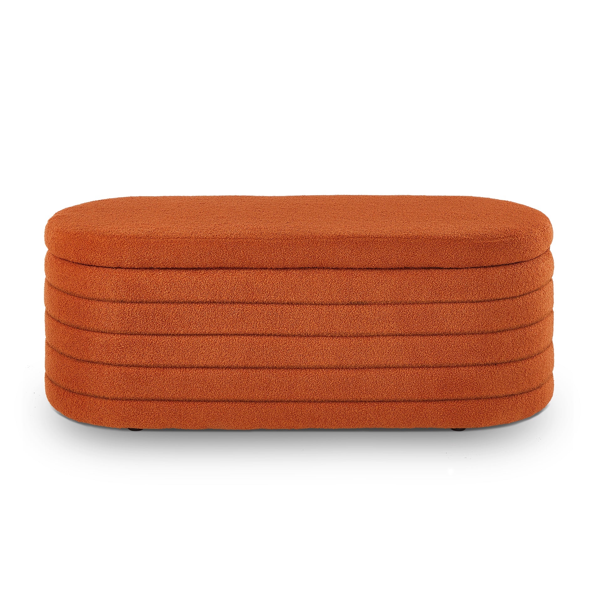 Modern Oval Storage Ottoman Bench, Upholstered Boucle Teddy Fabric End of Bed Bench with Storage, End of Bed Stool with Safety Hinge for Bedroom, Living Room, Entryway, Orange