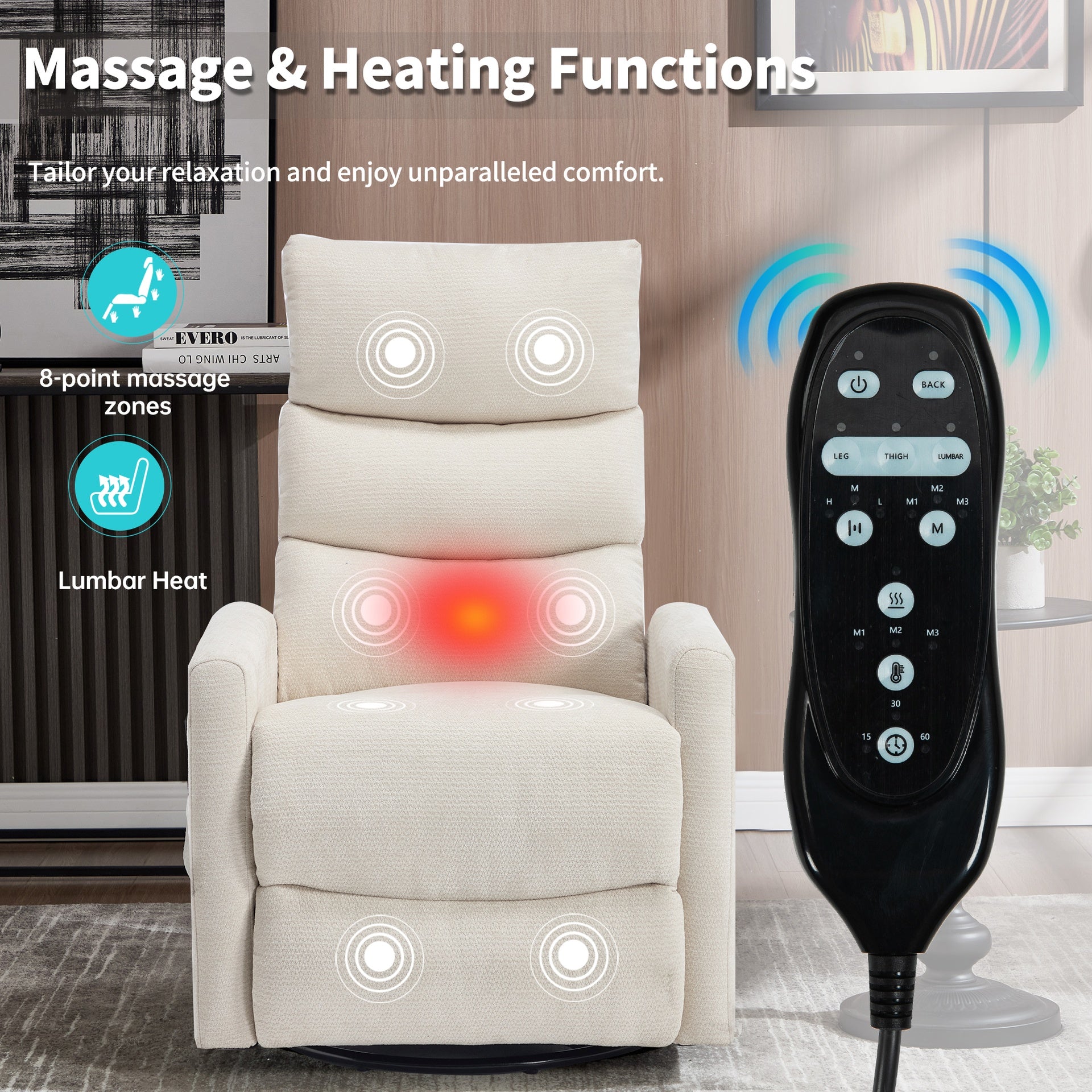 Heat Massage Manual Recliner Chair with Rocker and Swivel in Fabric for Living Room, Beige