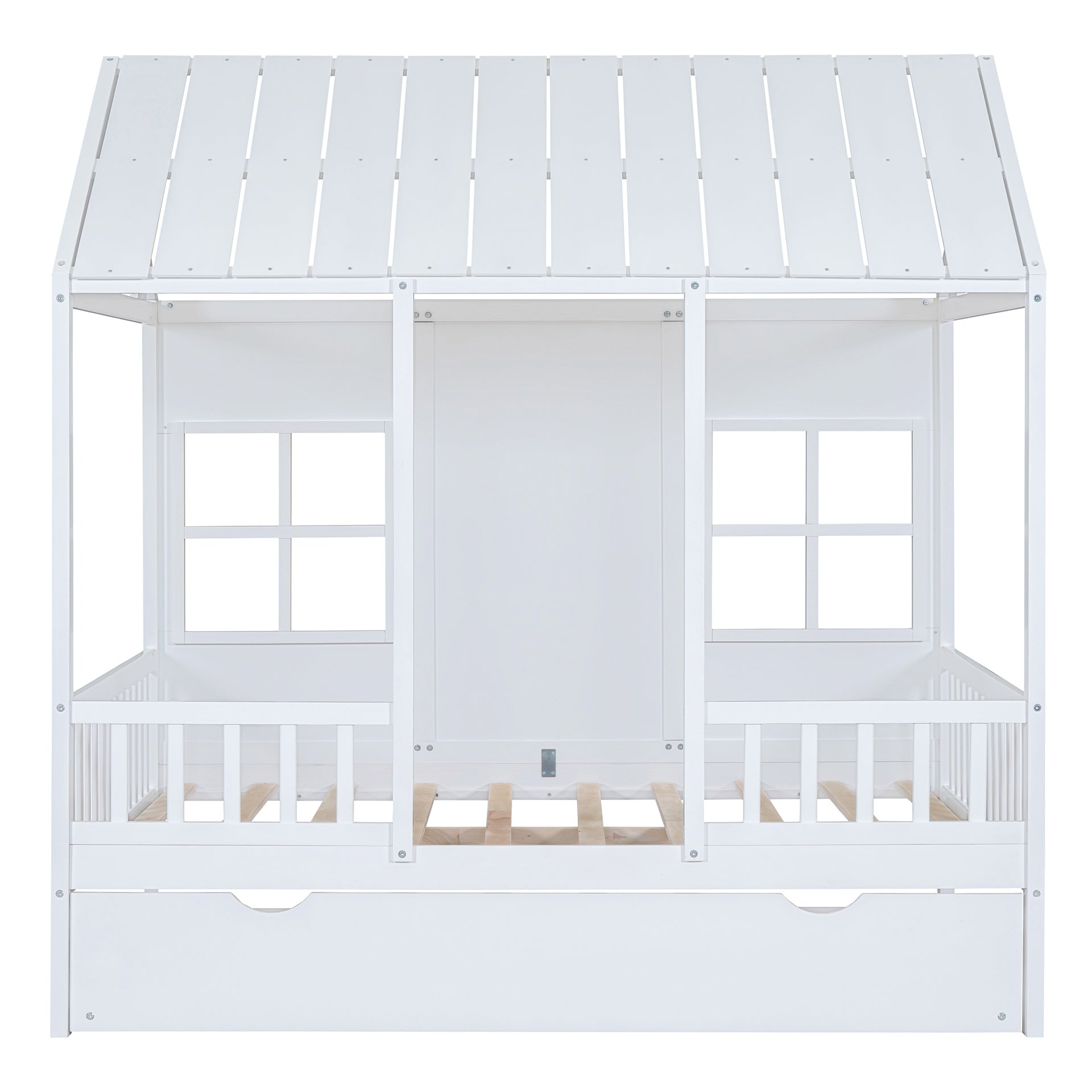 Full Size Wood House Bed With Twin Size Trundle, Wooden Daybed, White