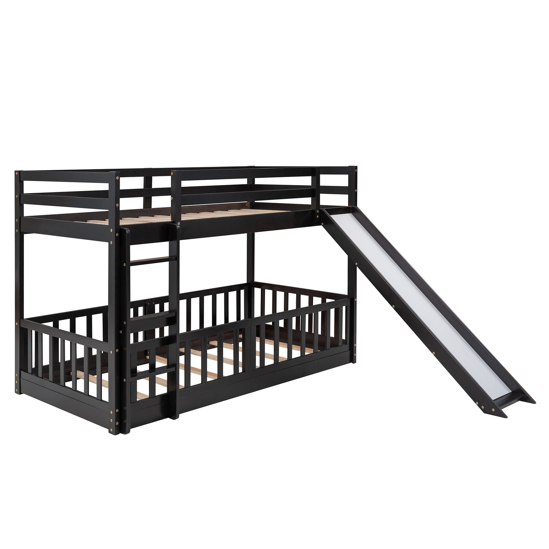 Twin Over Twin Bunk Bed with Slide and Ladder, Espresso