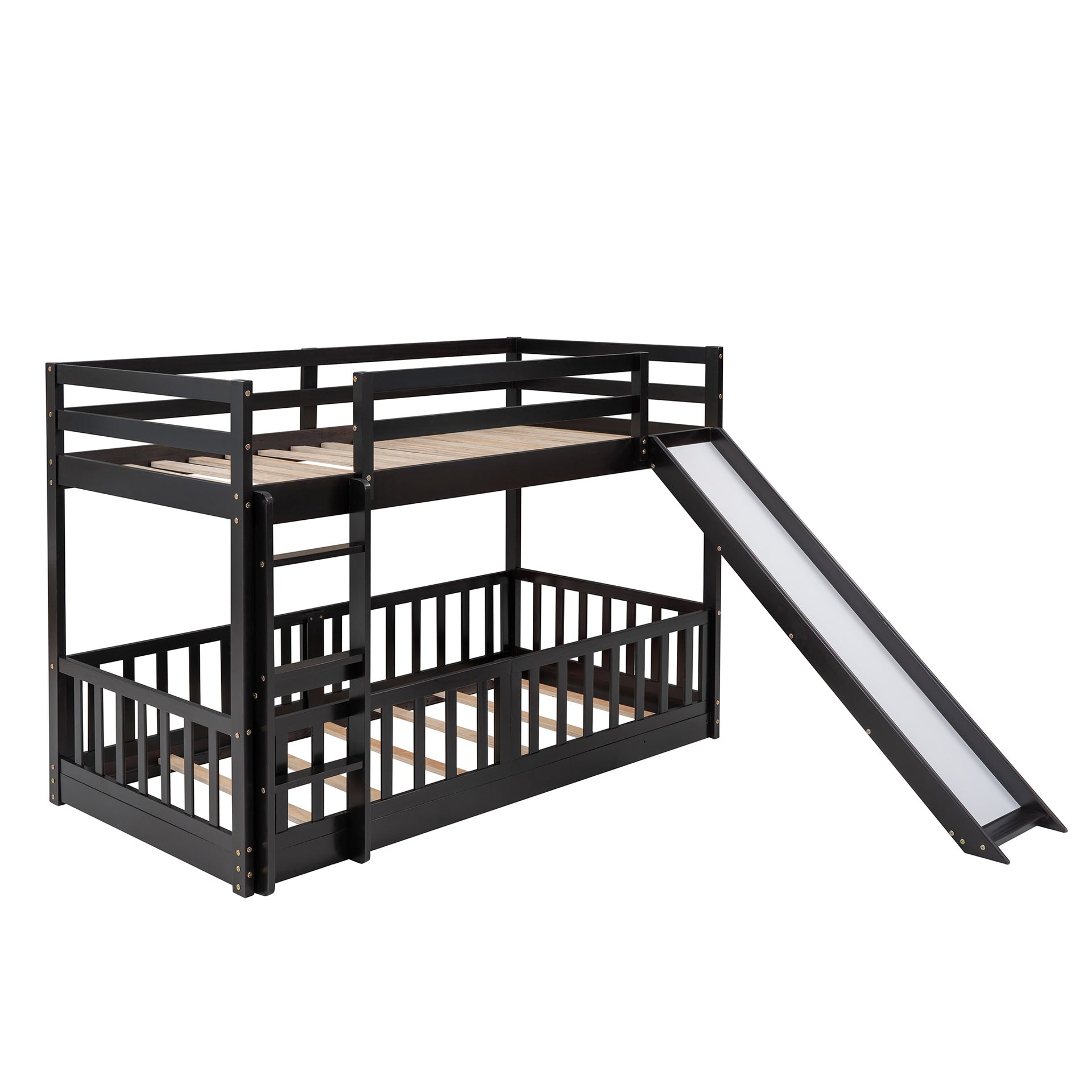 Twin Over Twin Bunk Bed with Slide and Ladder, Espresso