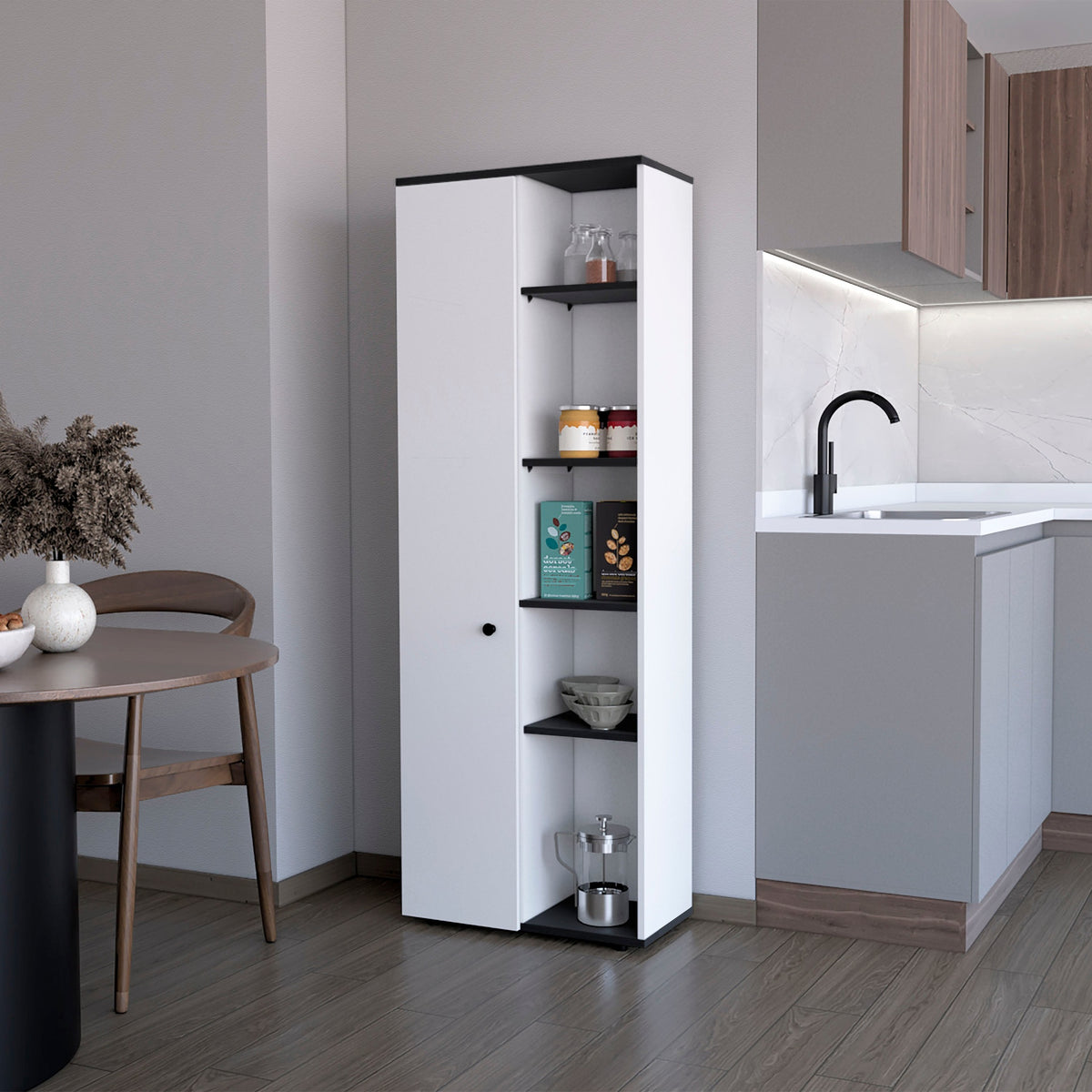 White and Wenge 1-Door Multistorage Kitchen Pantry