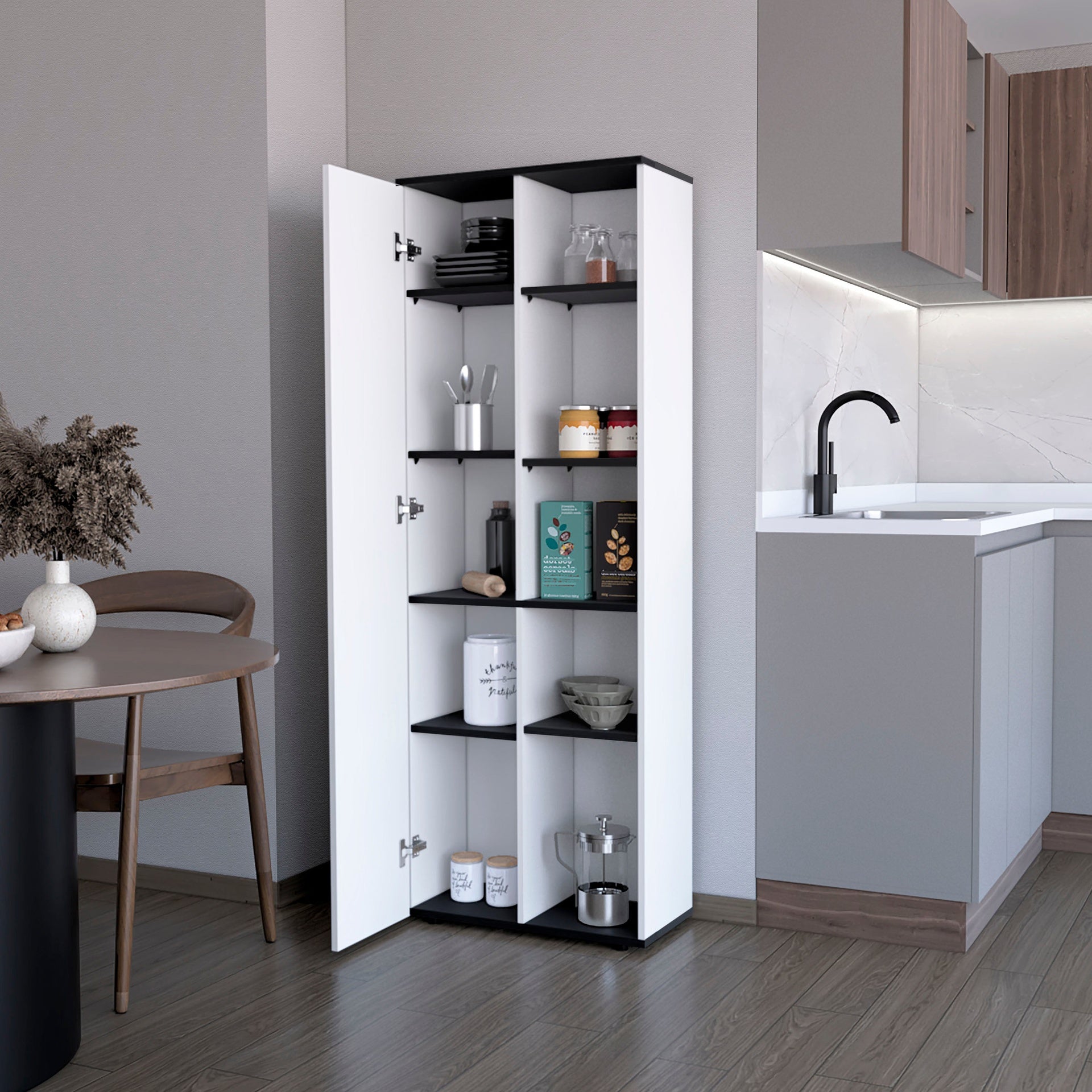 White and Wenge 1-Door Multistorage Kitchen Pantry