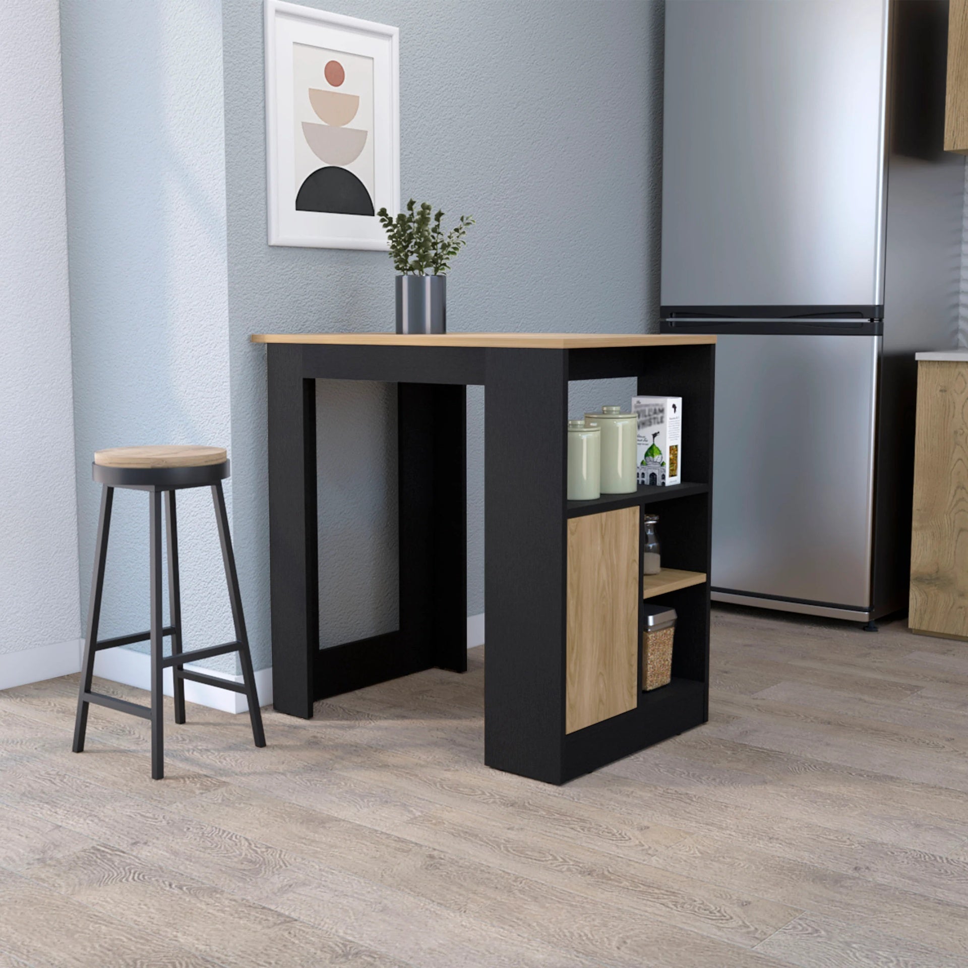 Wenge and Natural Oak 1-Door Kitchen Island with Open Storage