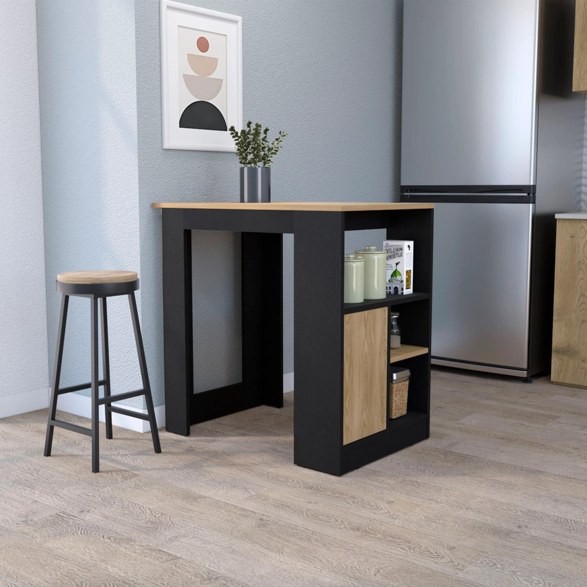 Wenge and Natural Oak 1-Door Kitchen Island with Open Storage