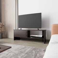 Stained Walnut Point Entertainment Center with a Door and Open Storage