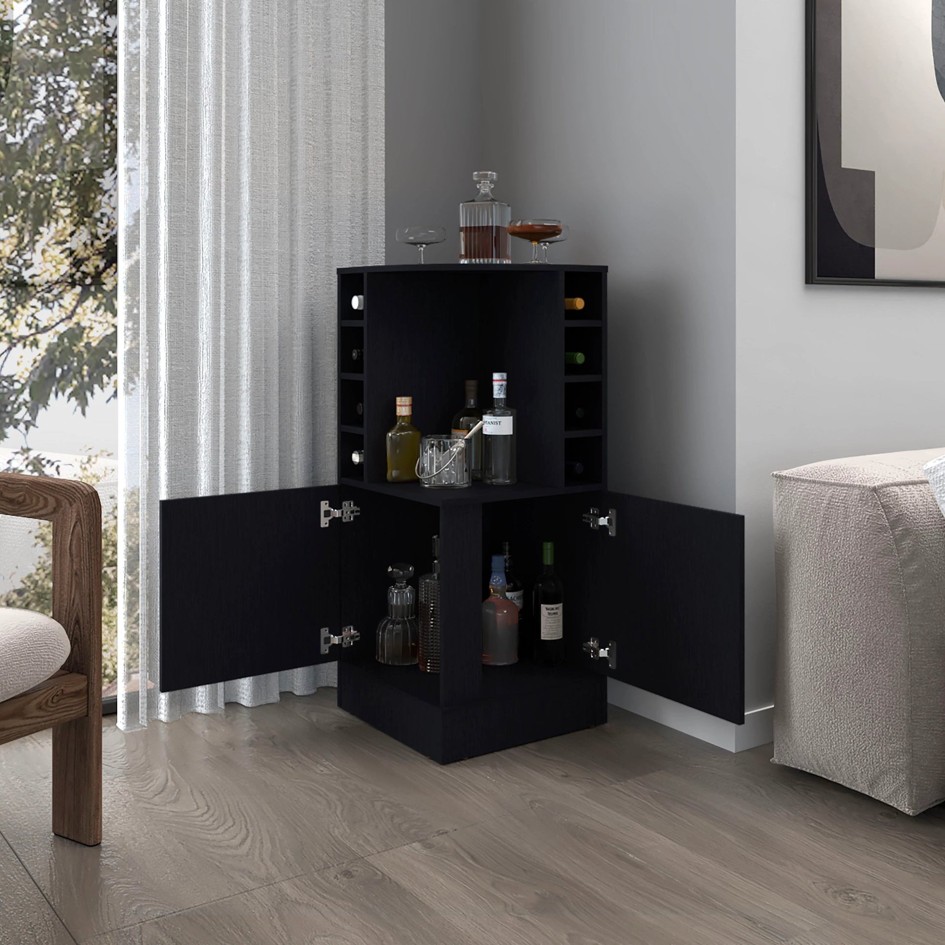 Wenge Corner Bar Cabinet with Bottle Rack and Open Shelf