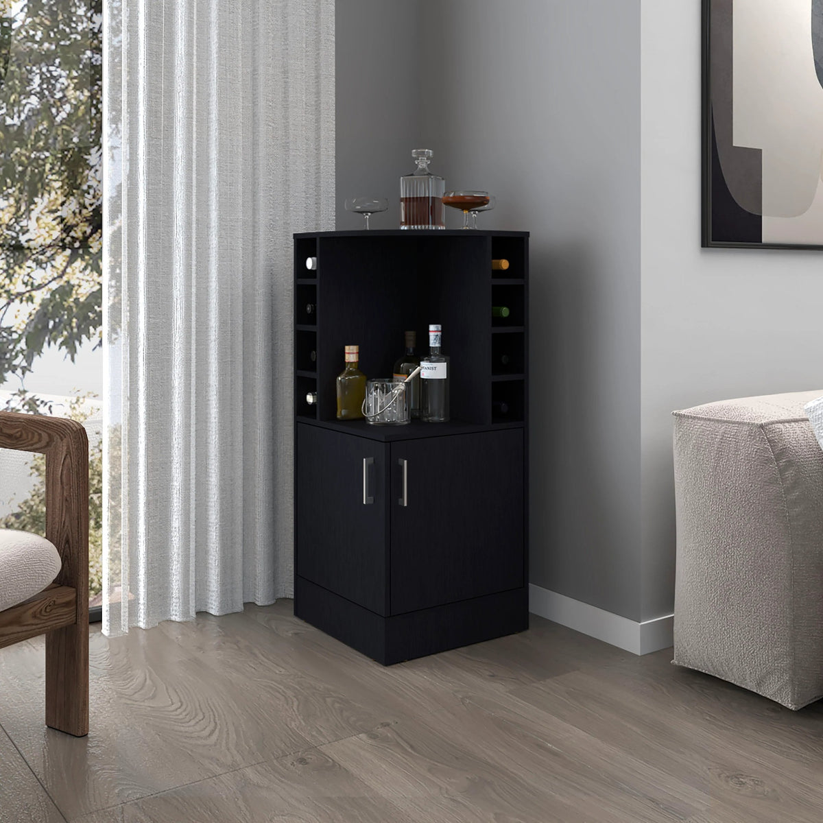 Wenge Corner Bar Cabinet with Bottle Rack and Open Shelf
