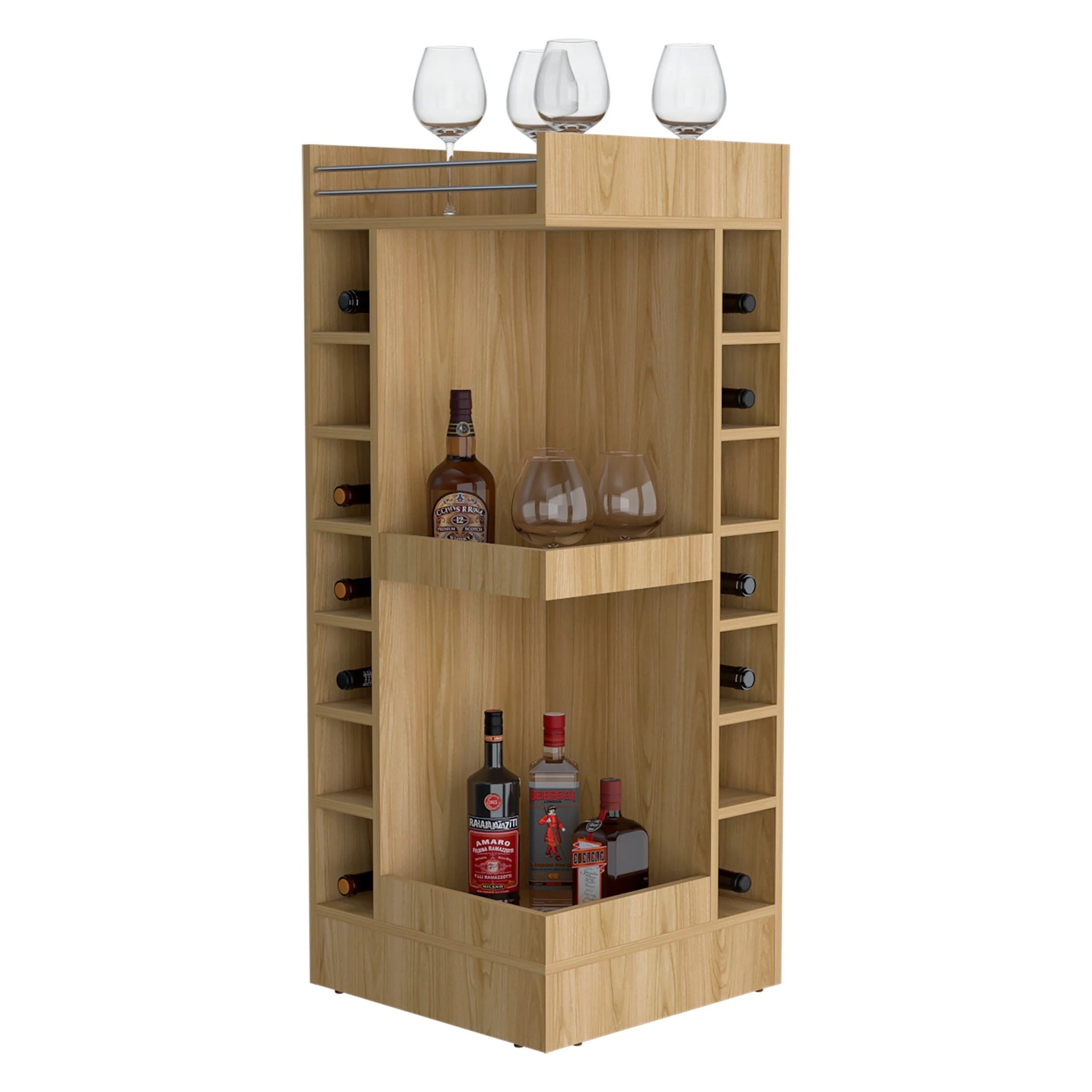 Natural Oak Corner Bar Cabinet with Wine Rack and Open Shelf