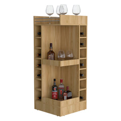 Natural Oak Corner Bar Cabinet with Wine Rack and Open Shelf