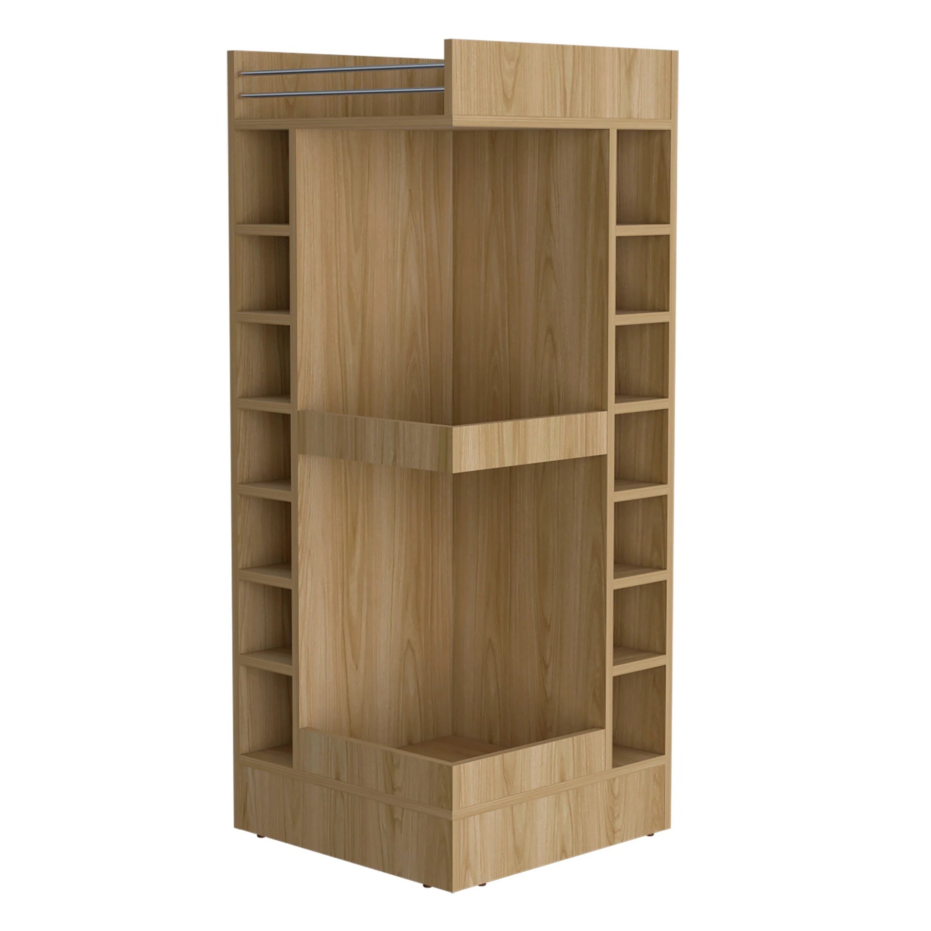 Natural Oak Corner Bar Cabinet with Wine Rack and Open Shelf