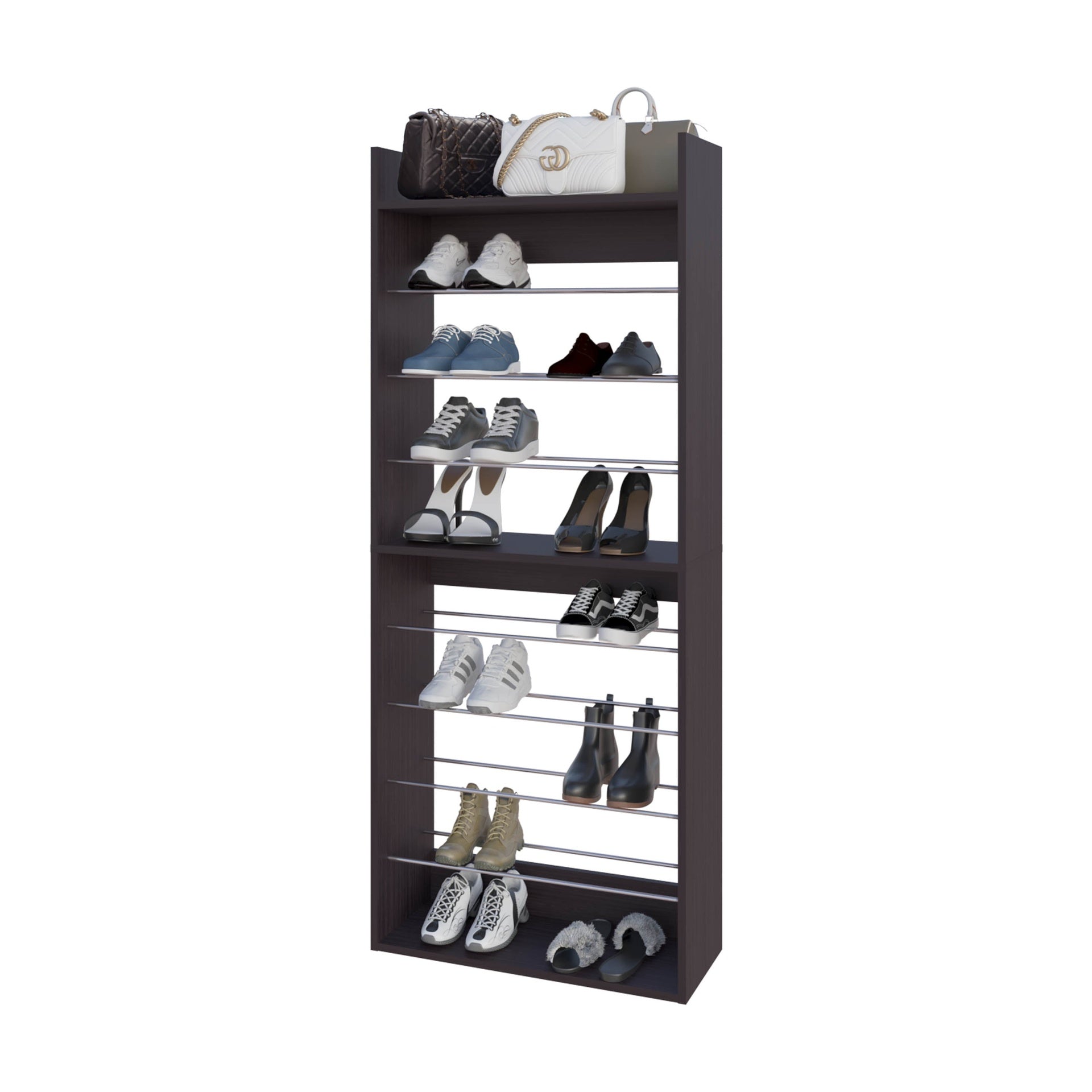 Wengue Tall Open Shoe Rack with Metal Rails and Multi-Tier Shelves