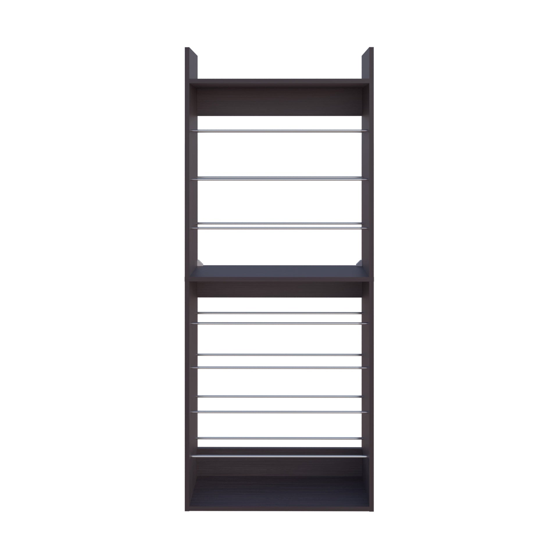 Wengue Tall Open Shoe Rack with Metal Rails and Multi-Tier Shelves