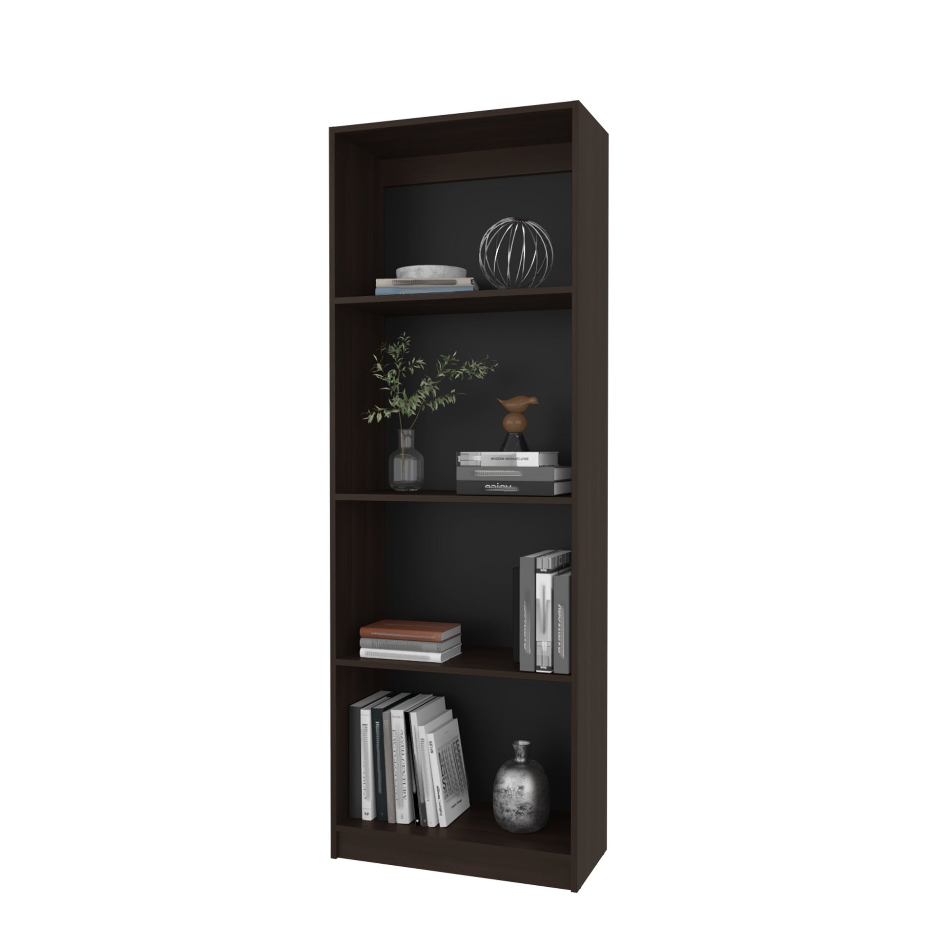 Stained Walnut Flat Bookcase with Open Storage and 4 Shelves