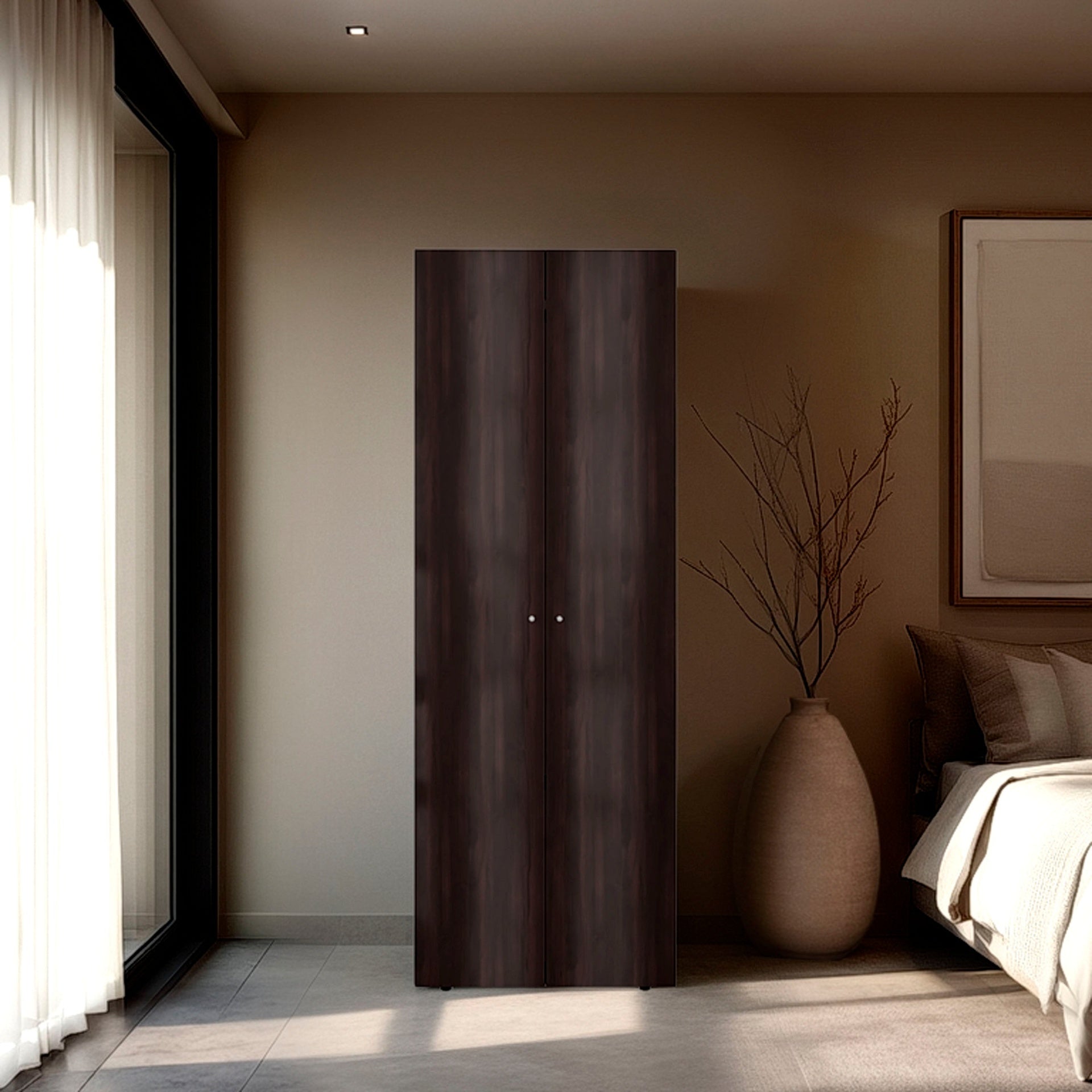Stained Walnut 2-Door Tall Wardrobe Cabinet