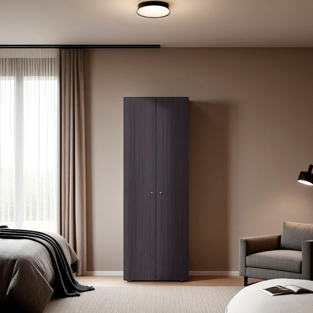 Wenge 2-Door Tall Wardrobe Cabinet with 4 Shelf and Vertical Storage