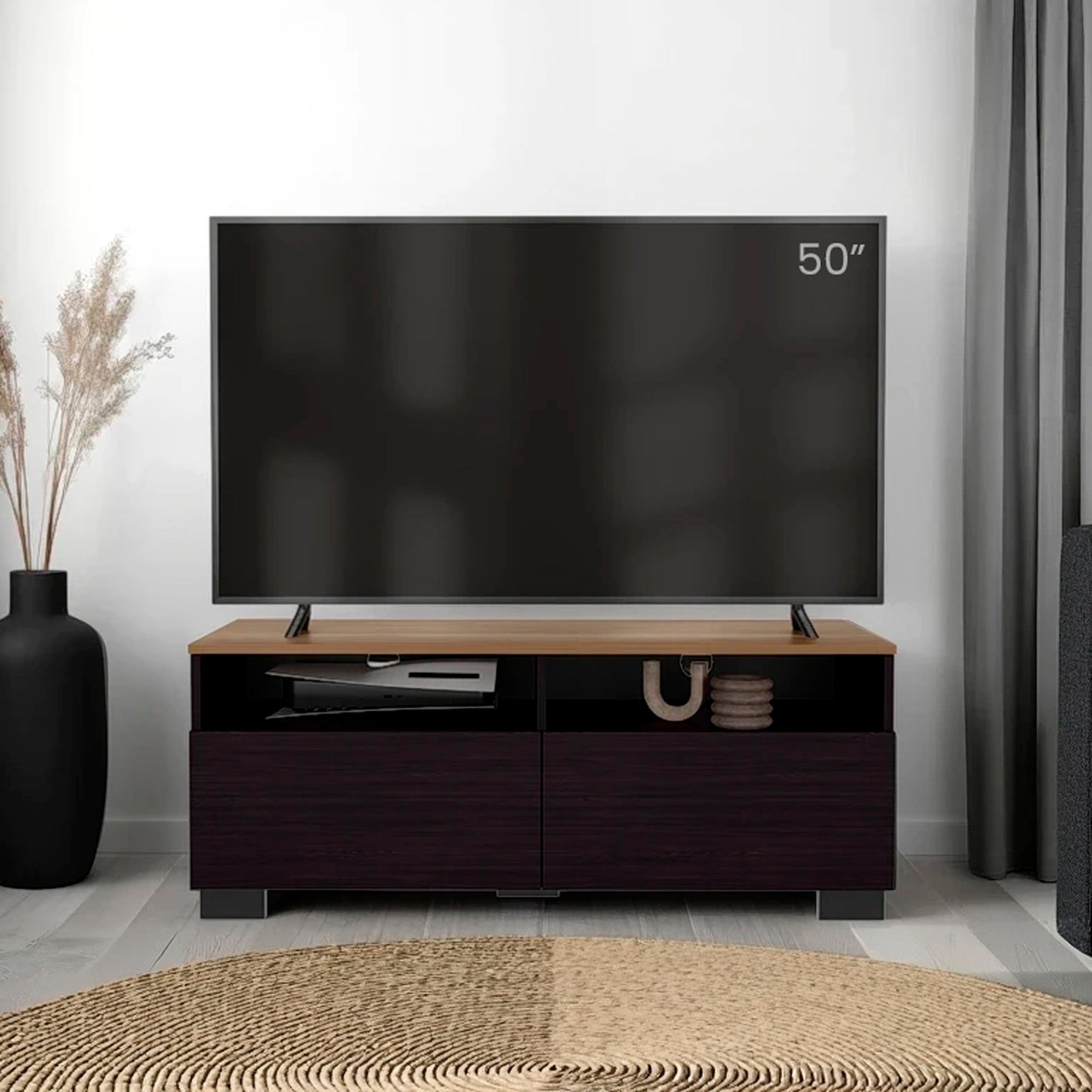 Wenge and Natural Oak TV Stand with a Door and Open Storage