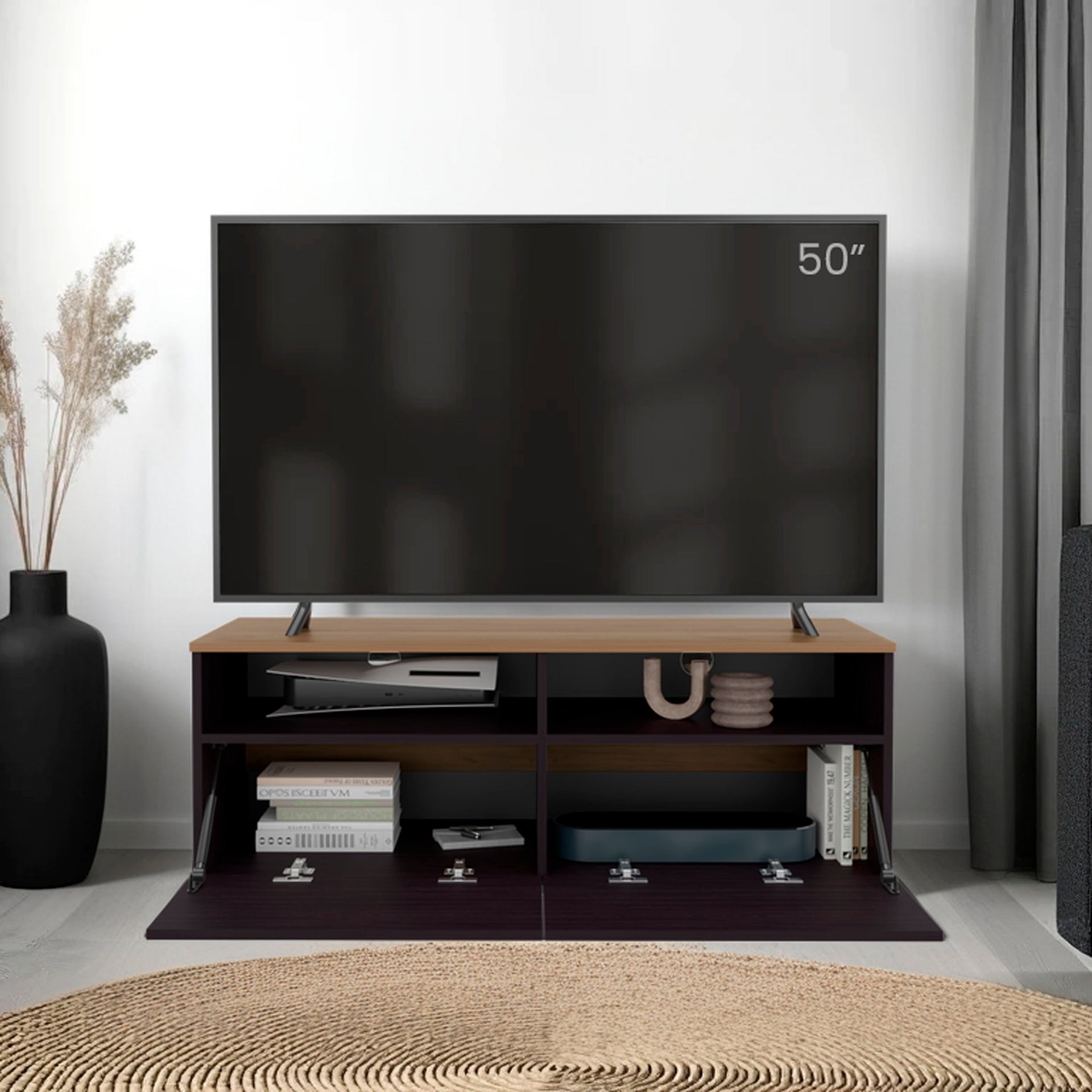 Wenge and Natural Oak TV Stand with a Door and Open Storage