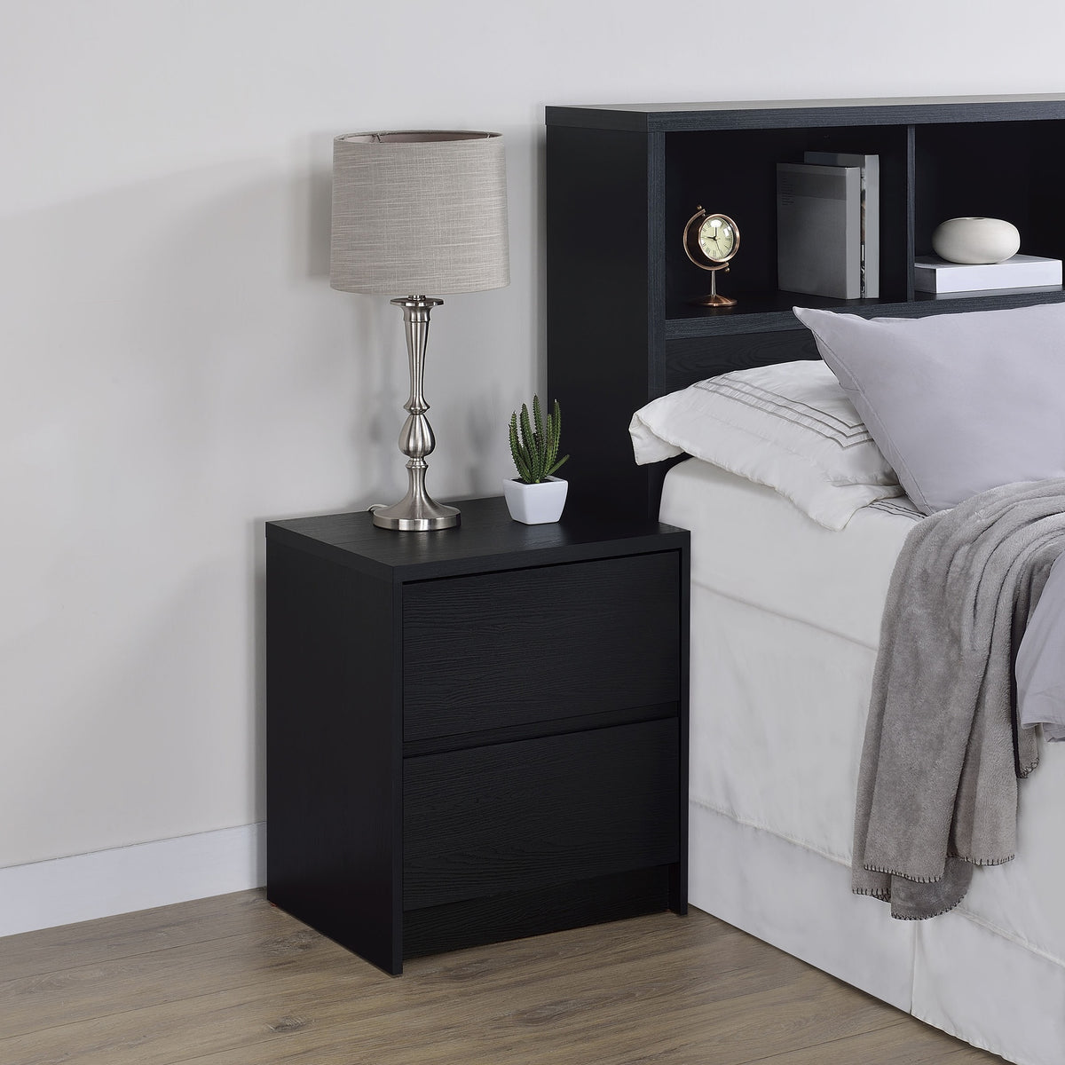 Geary Black 2-drawer Nightstand LED Lights and USB