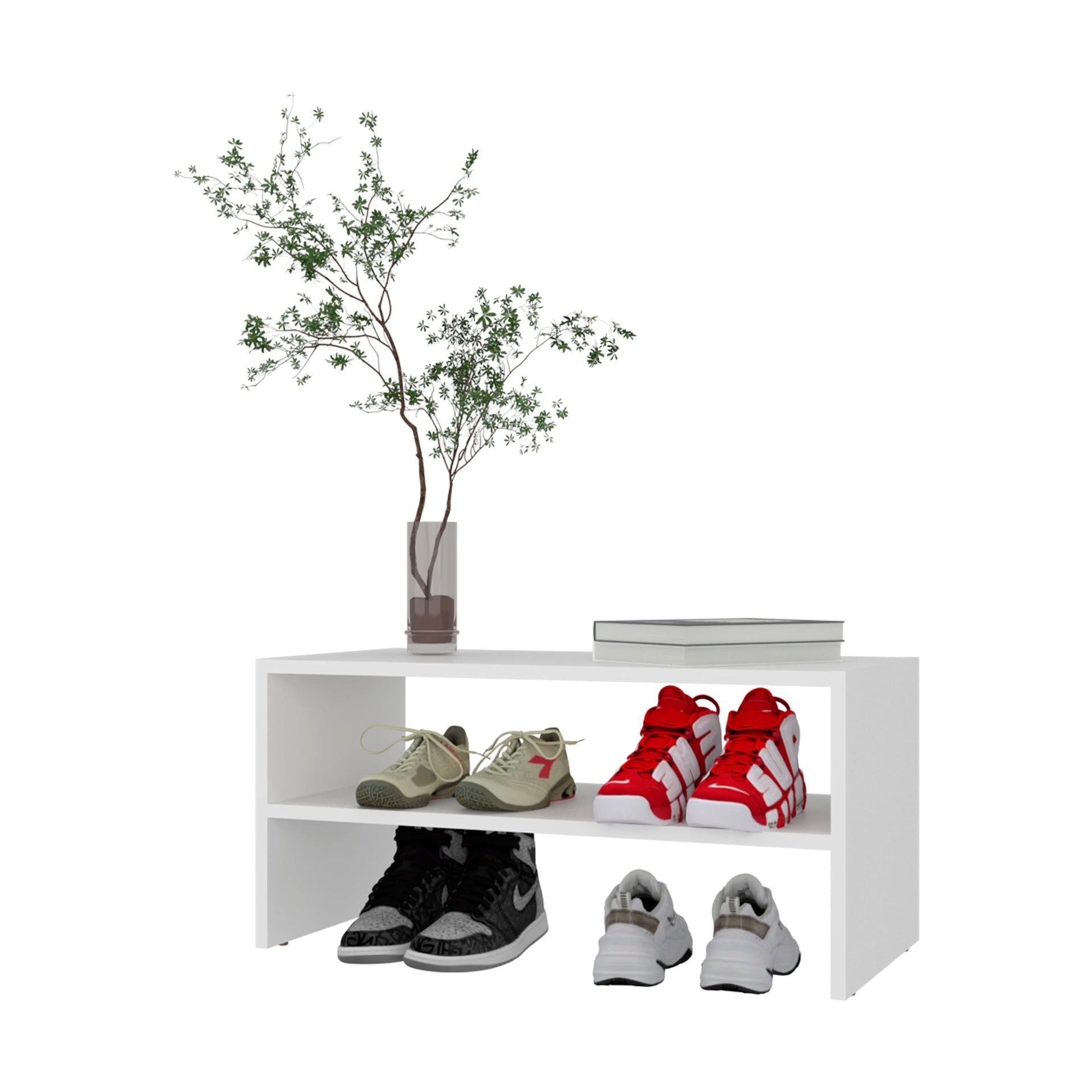White 2-Shelf Shoe Rack with Low Horizontal Design