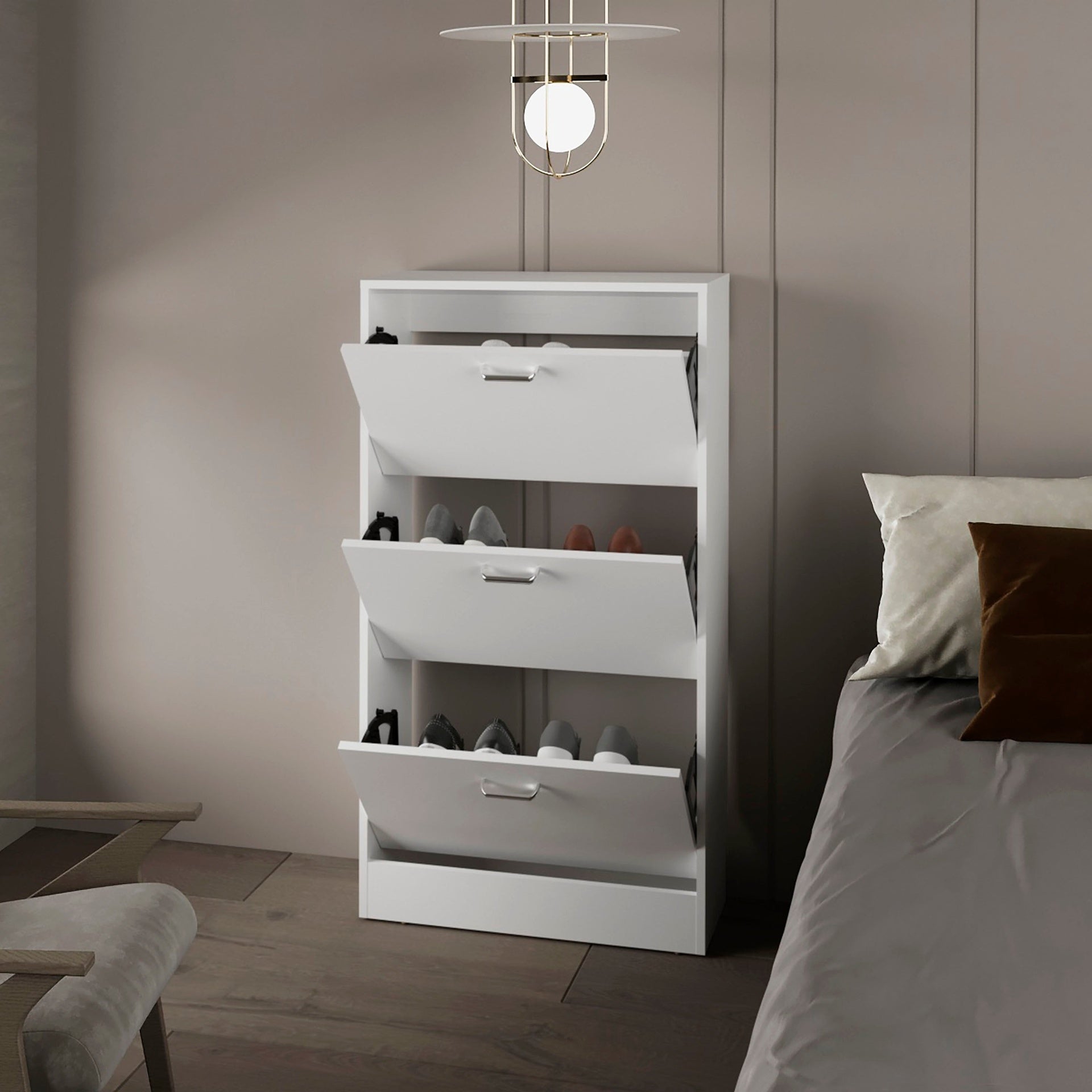 White Shoe Rack with 3 Flip-Down Compartments