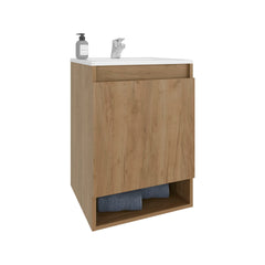 Natural Oak 2-Door Wall-Mounted Bathroom Vanity with Sink and Open Shelf