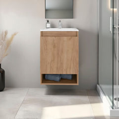 Natural Oak 2-Door Wall-Mounted Bathroom Vanity with Sink and Open Shelf