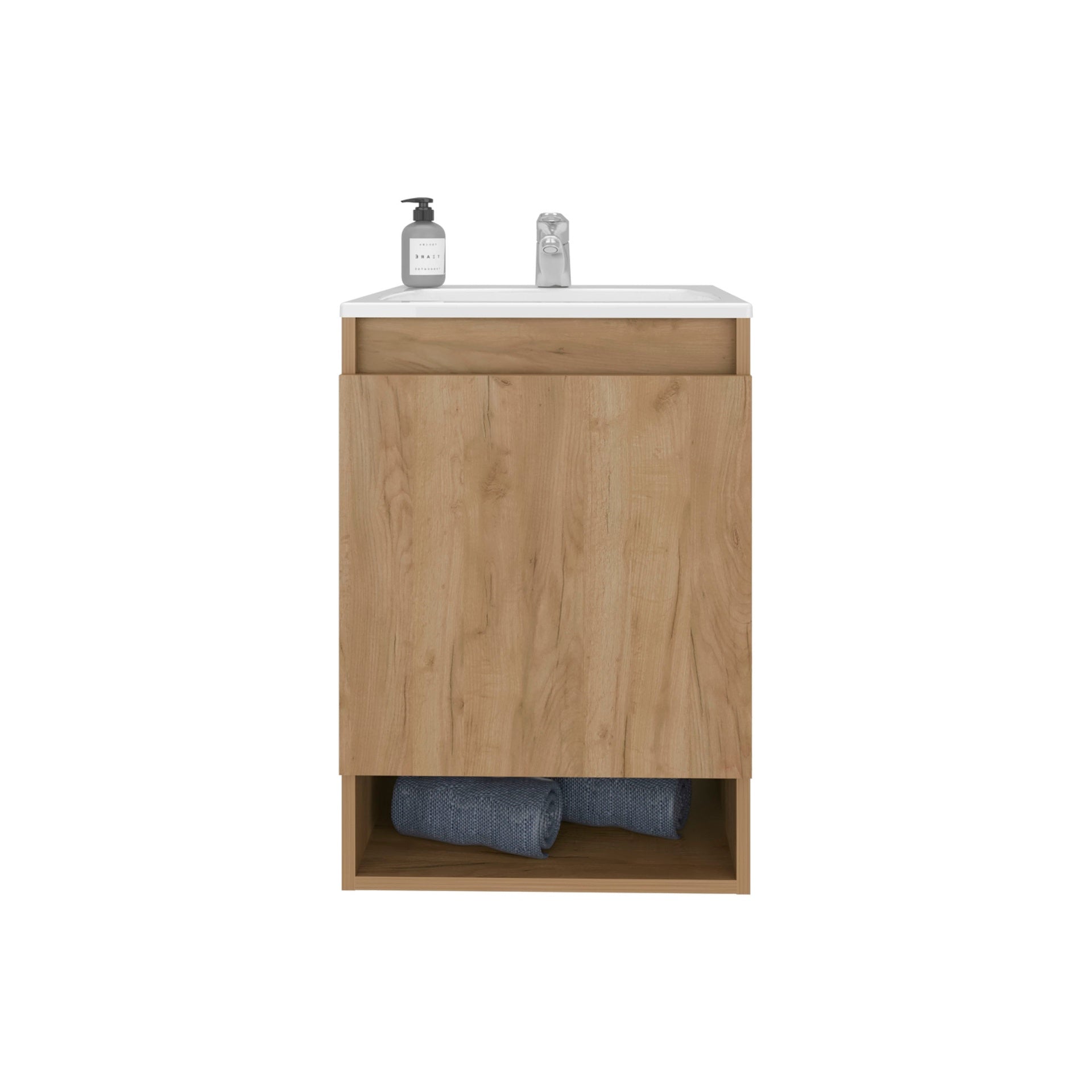 Natural Oak 2-Door Wall-Mounted Bathroom Vanity with Sink and Open Shelf